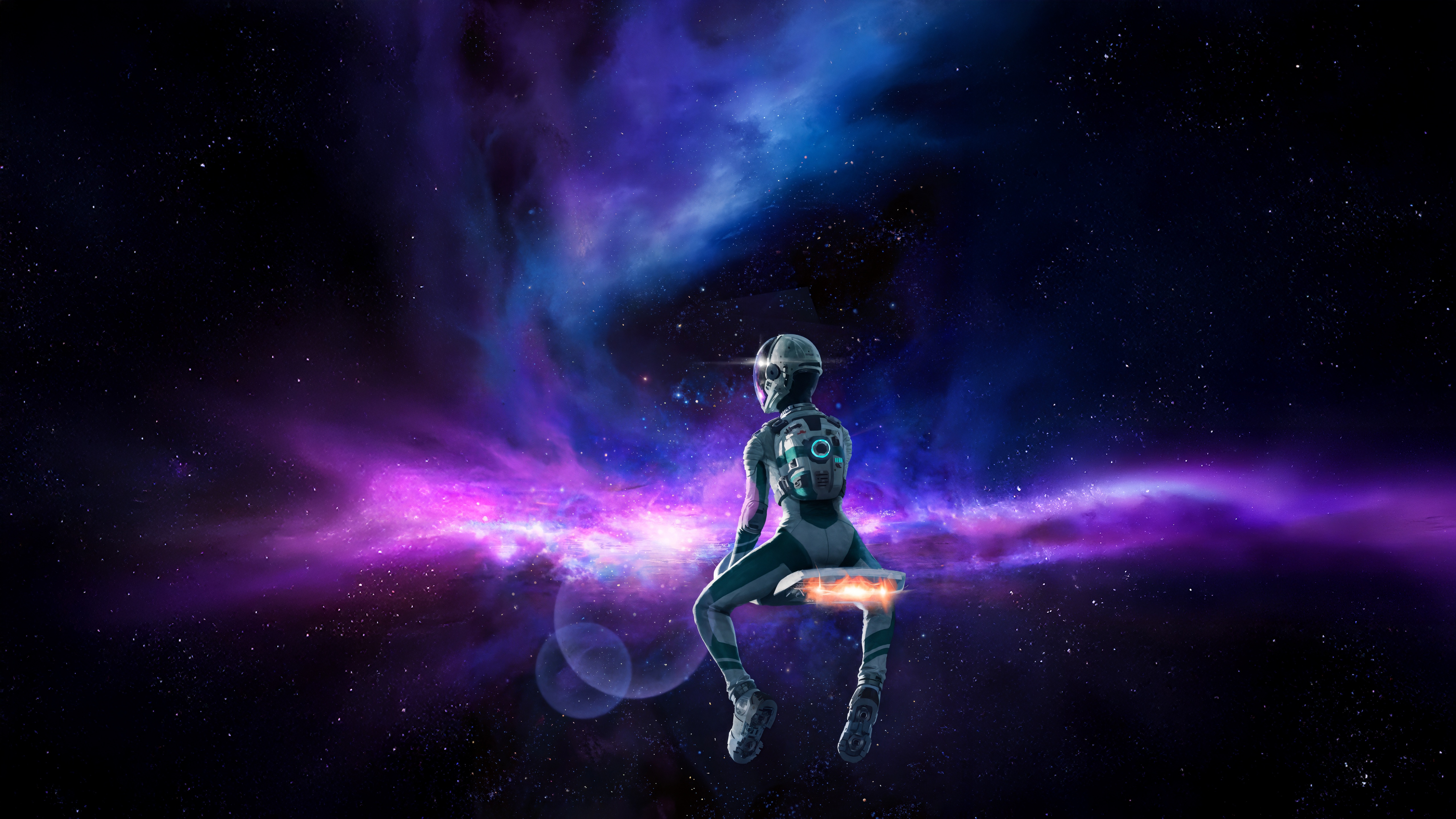 Cyborg Warrior Sitting in Cosmic Nebula HD Wallpaper