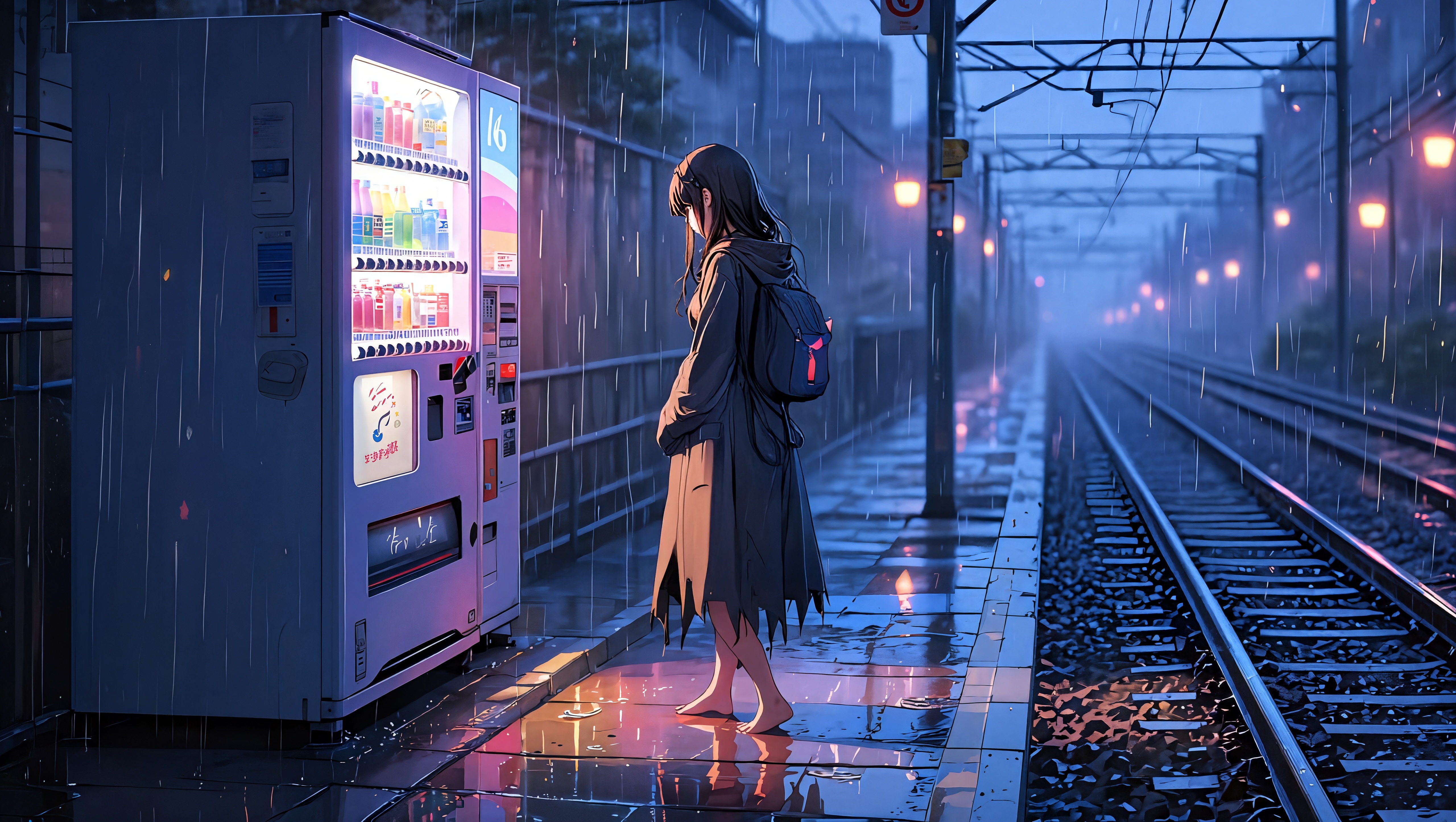 Anime Girl At Rainy Train Station Vending Machine HD Wallpaper