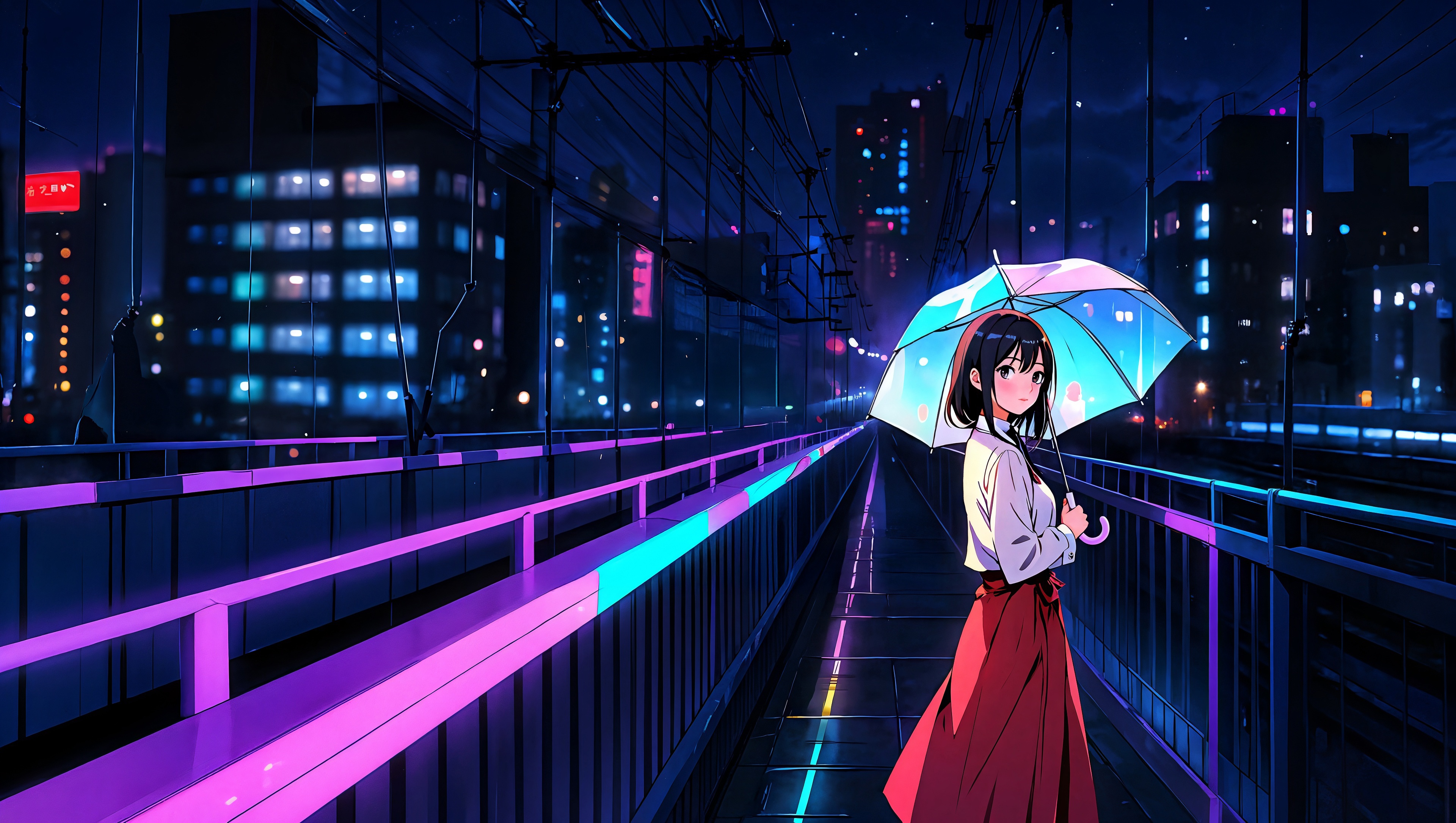 Anime girl with umbrella on a neon bridge at night HD Wallpaper