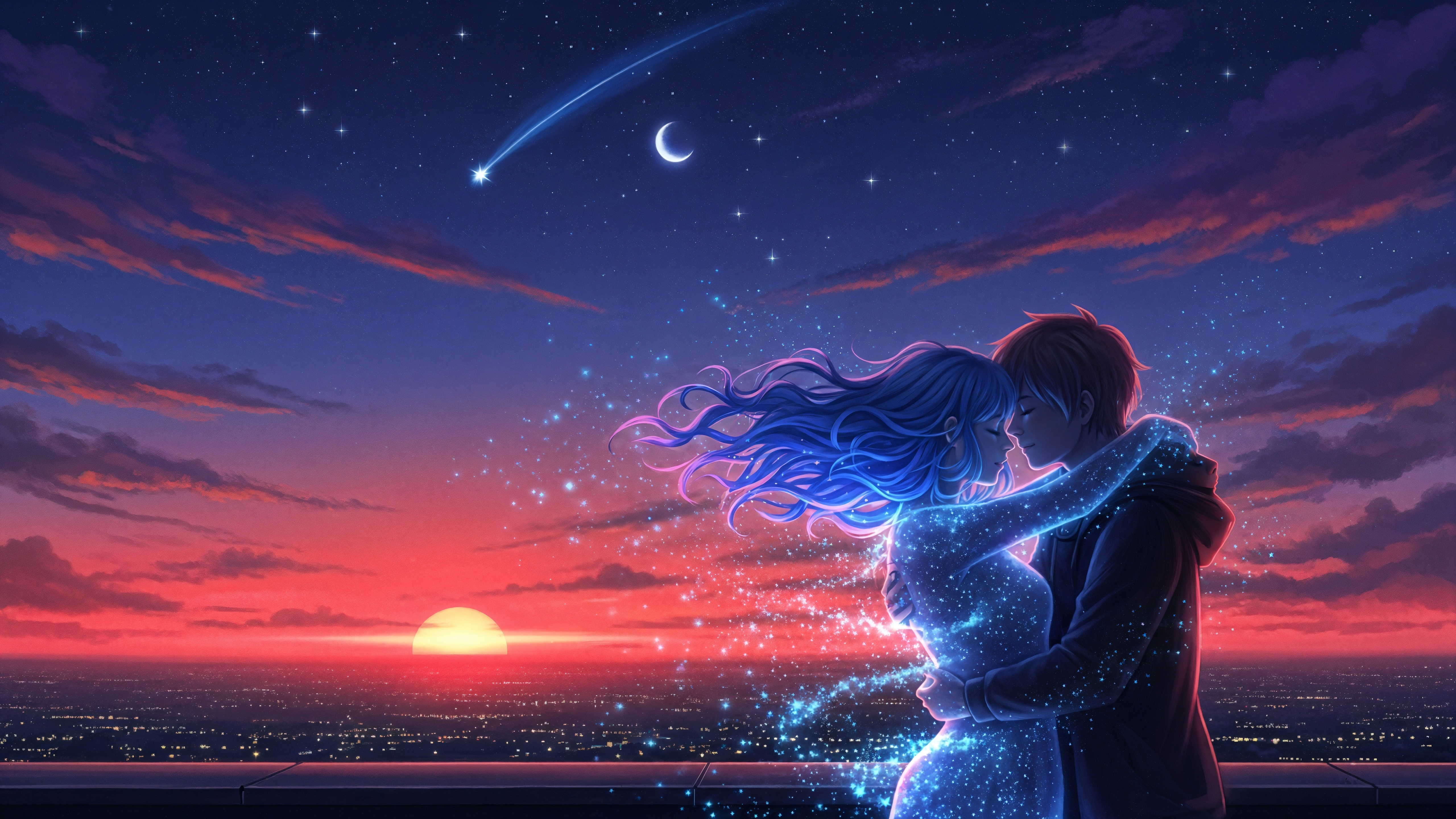 Couple Embracing Under a Shooting Star at Sunset HD Wallpaper