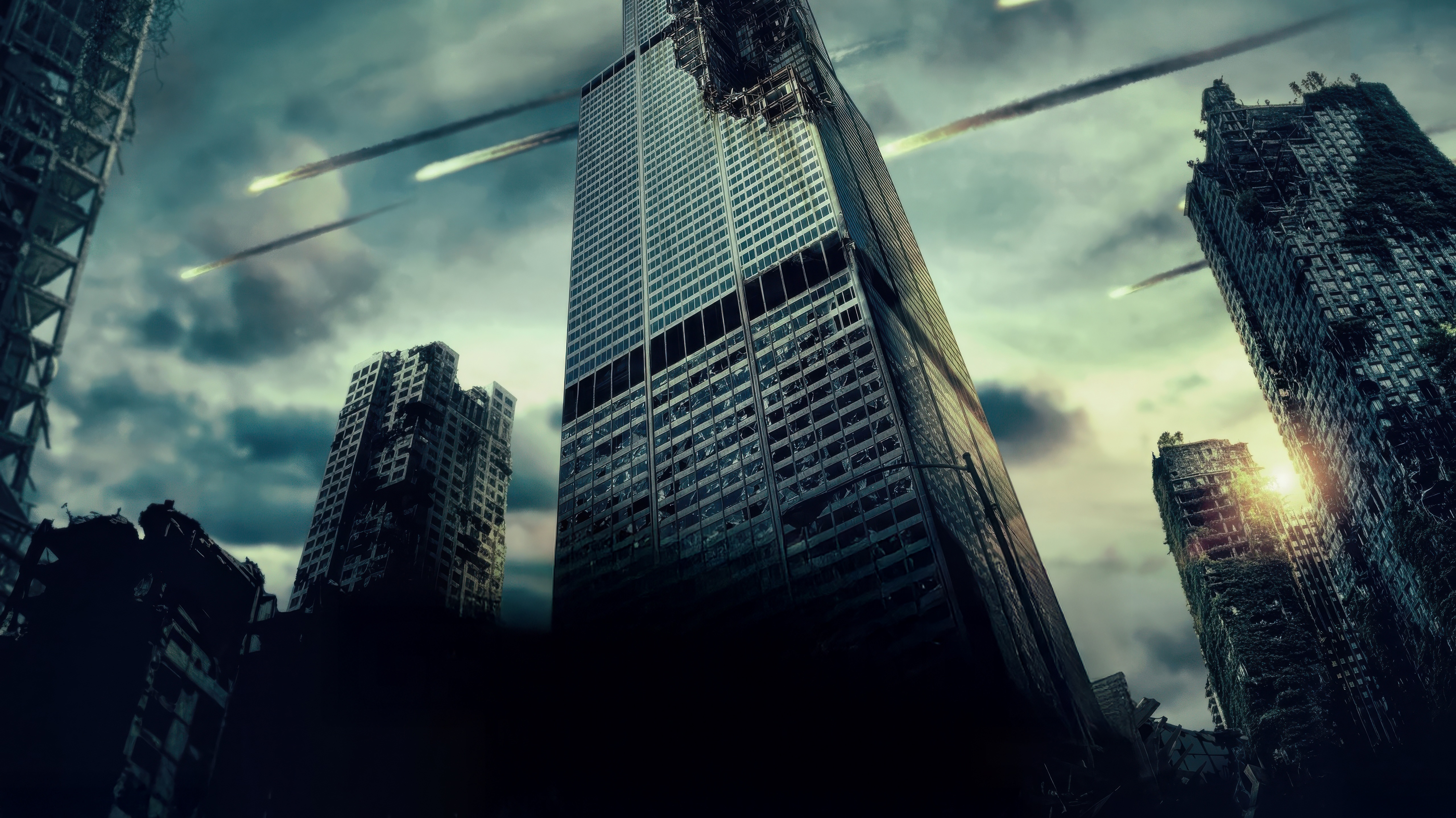 Destroyed Chicago skyscrapers with meteors falling HD Wallpaper