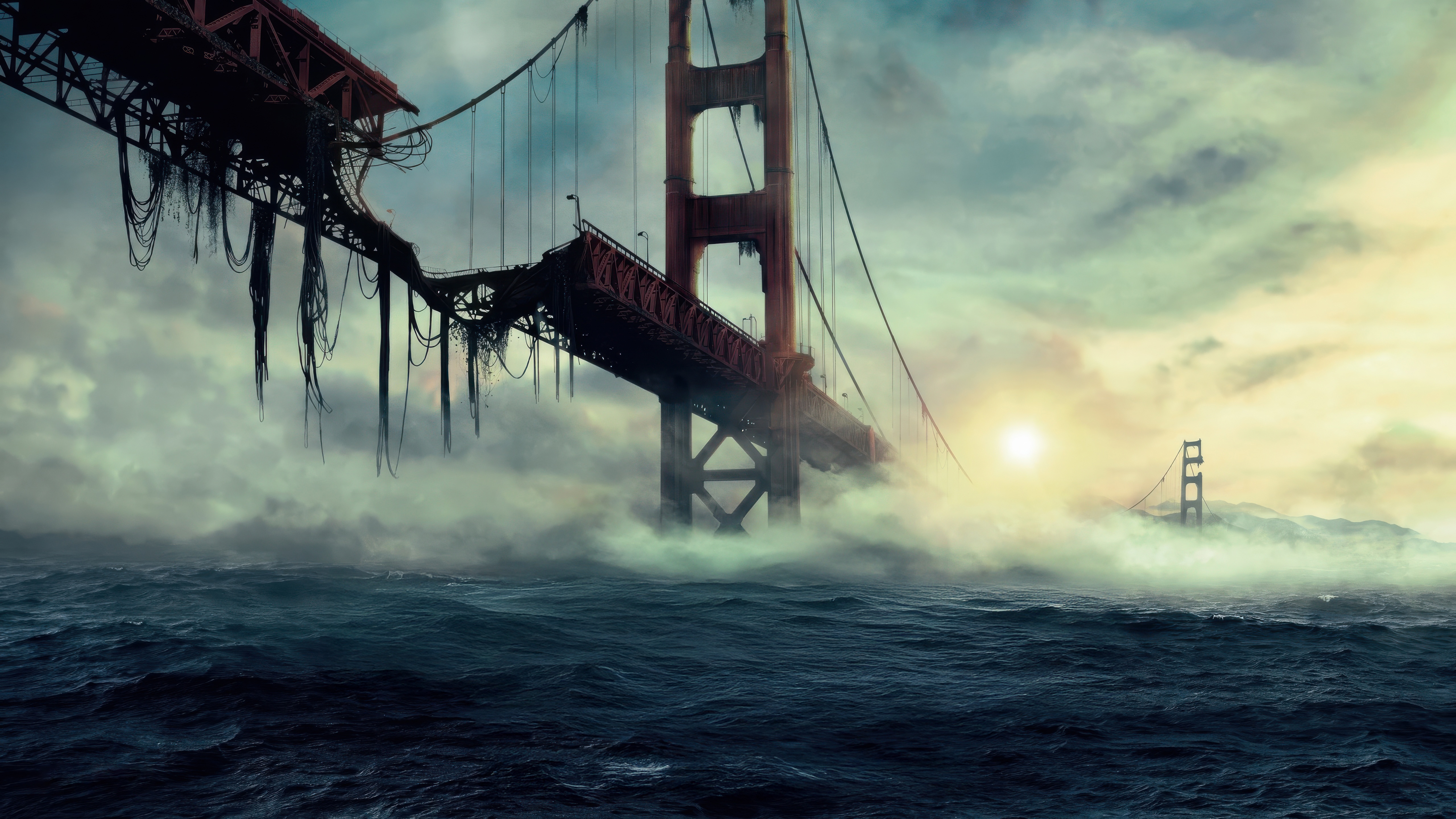 Ruined Golden Gate Bridge in Foggy Ocean HD Wallpaper