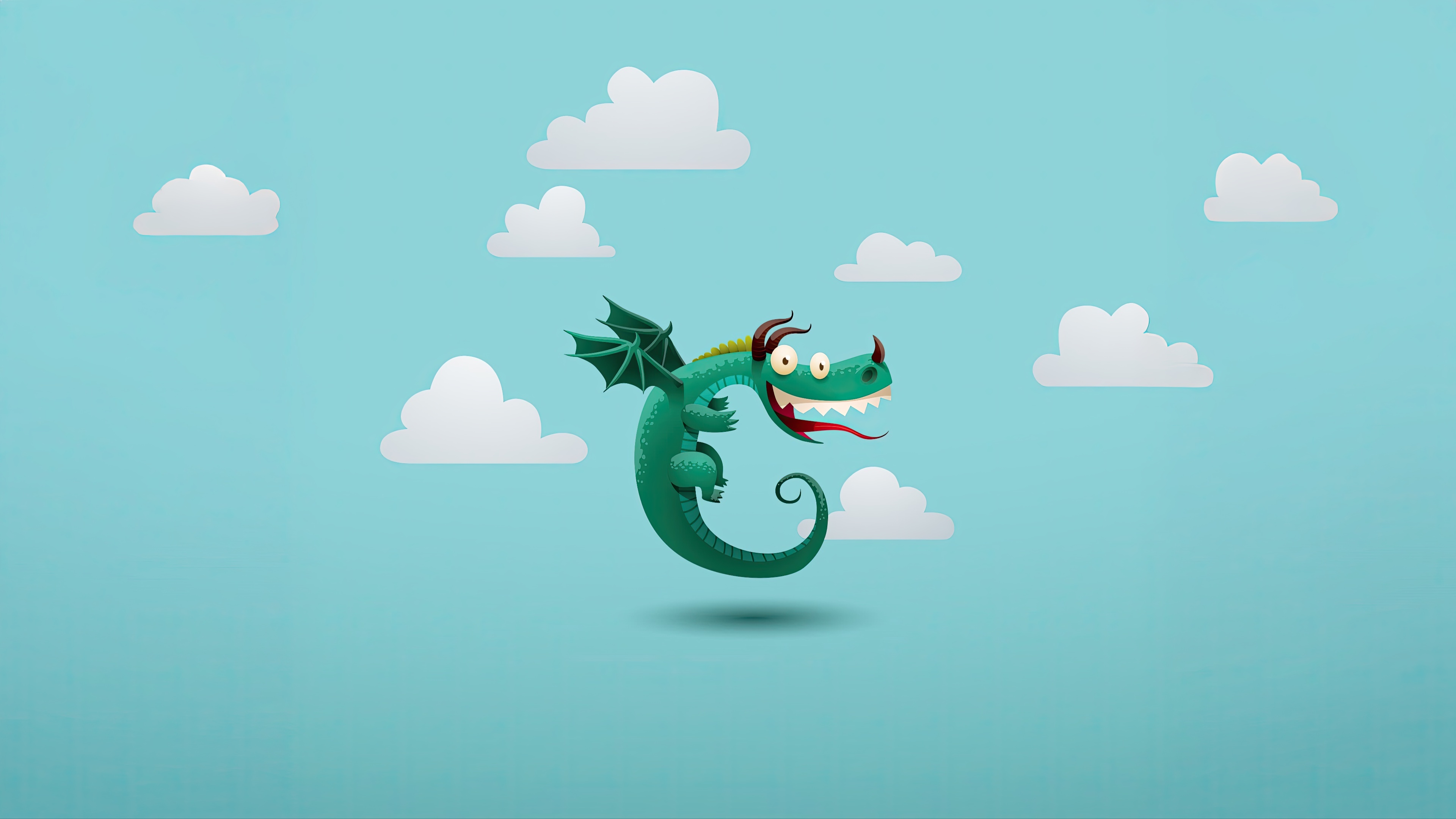 Playful green dragon flying among white clouds HD Wallpaper
