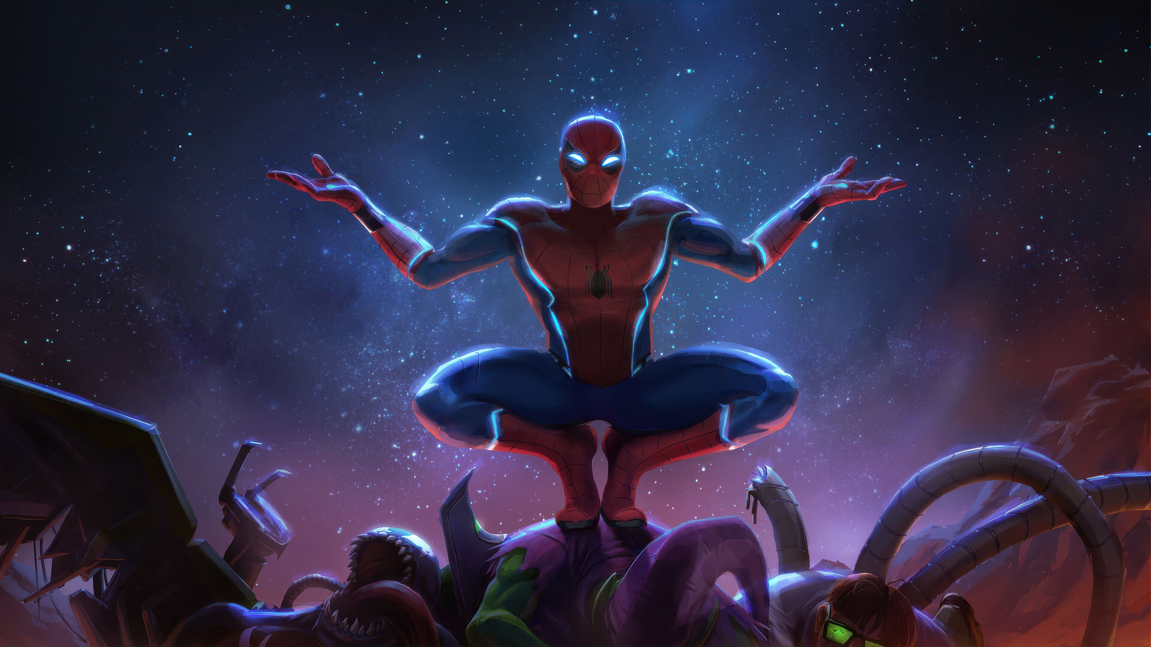 Spider-Man and Sinister Foes in Space HD Wallpaper