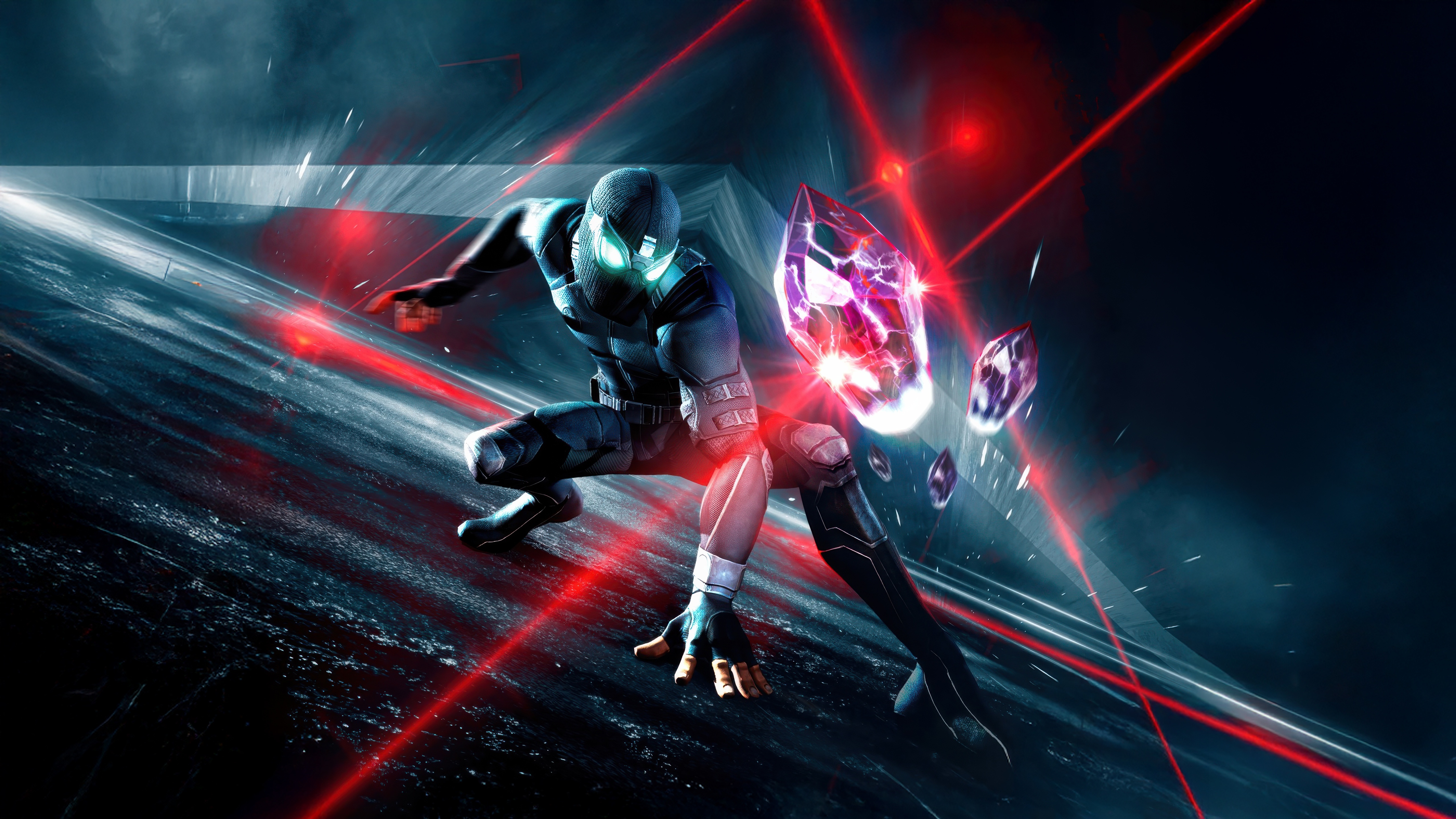 Spider-Man in Stealth Suit with Red Lasers HD Wallpaper