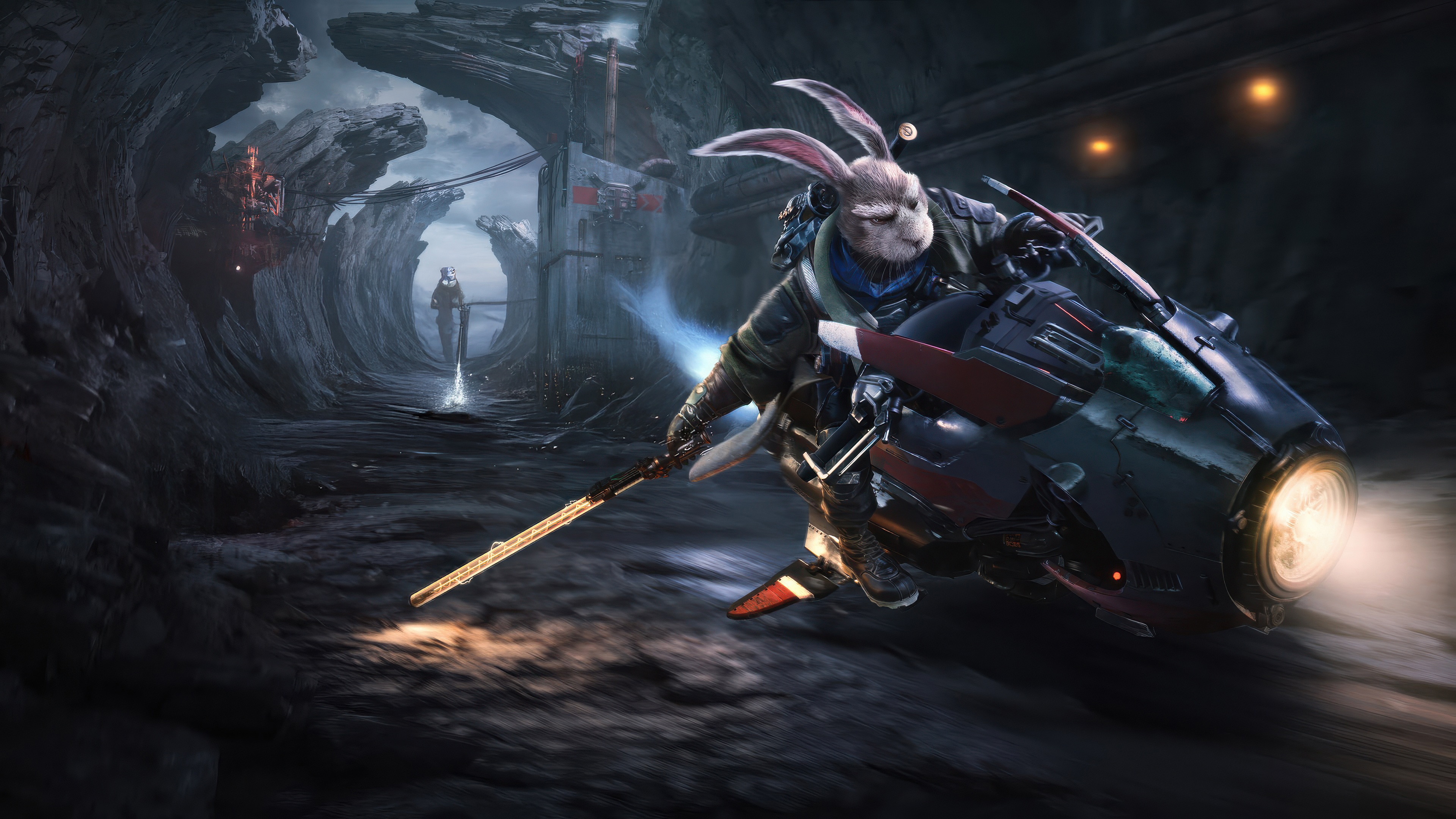 Zoopunk rabbit character riding a futuristic motorcycle in a cave HD Wallpaper