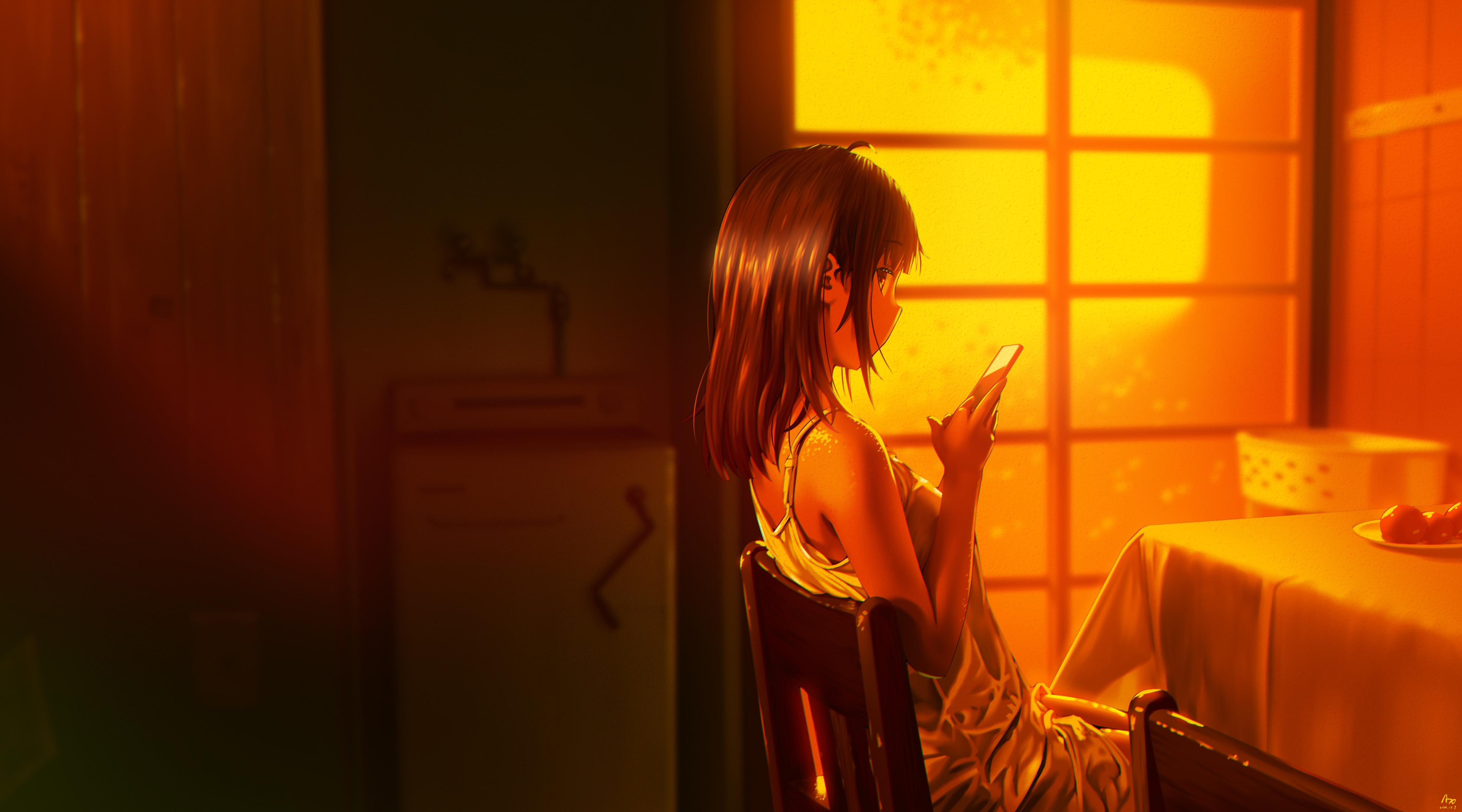Anime girl using phone at a table HD Wallpaper