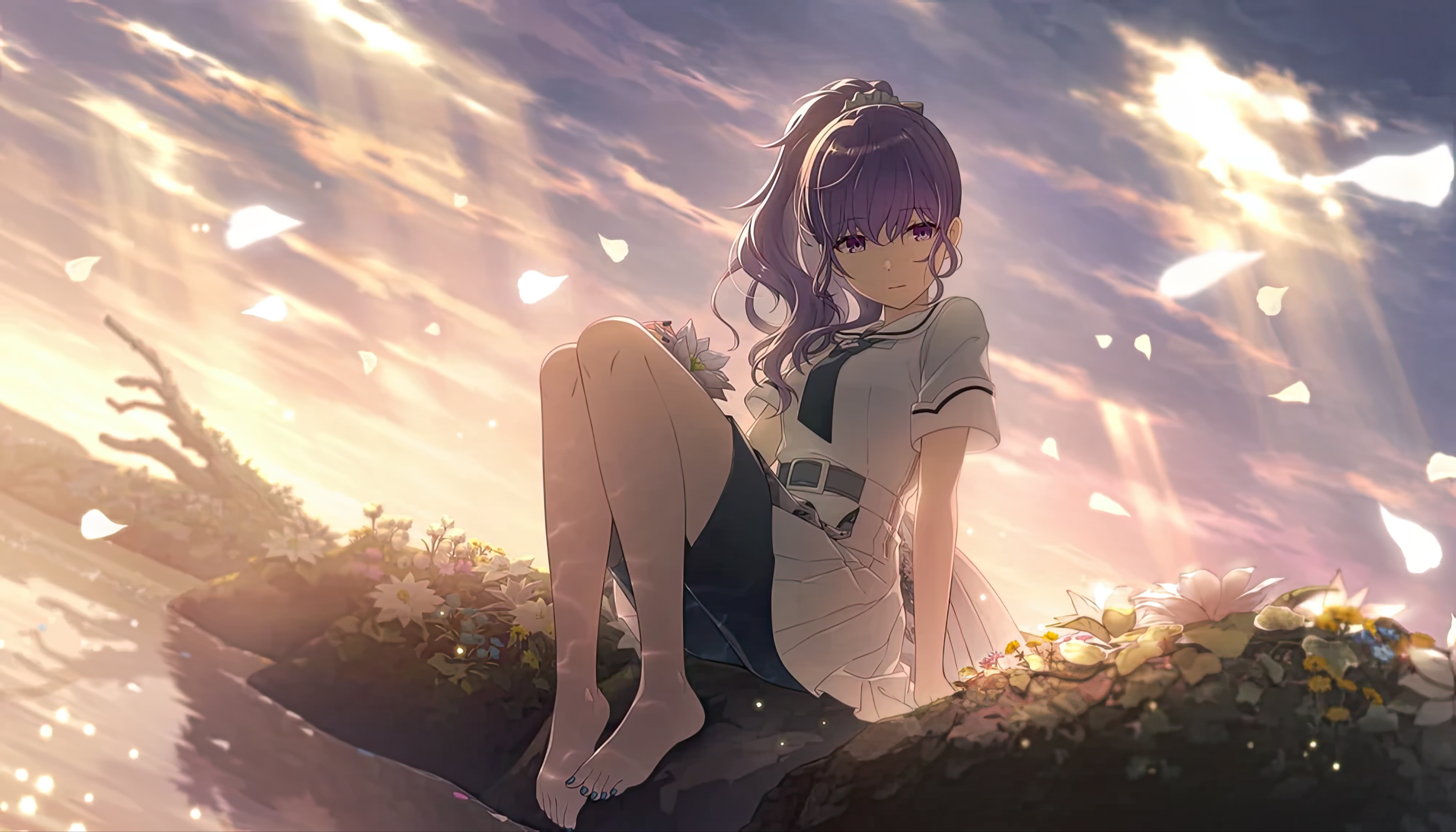 Anime girl sitting by a peaceful lake HD Wallpaper