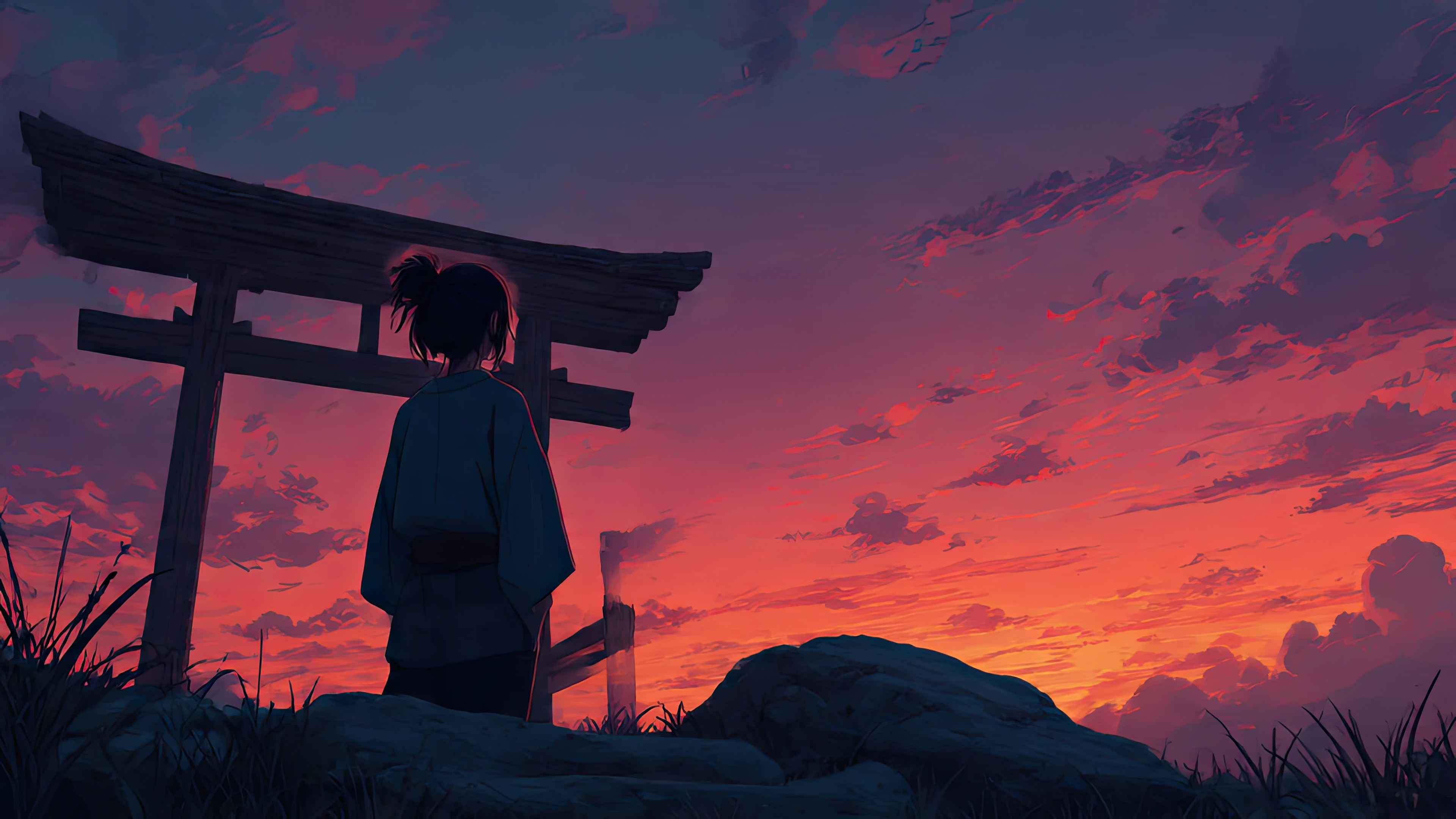 Samurai Girl at Torii Gate at Sunset HD Wallpaper
