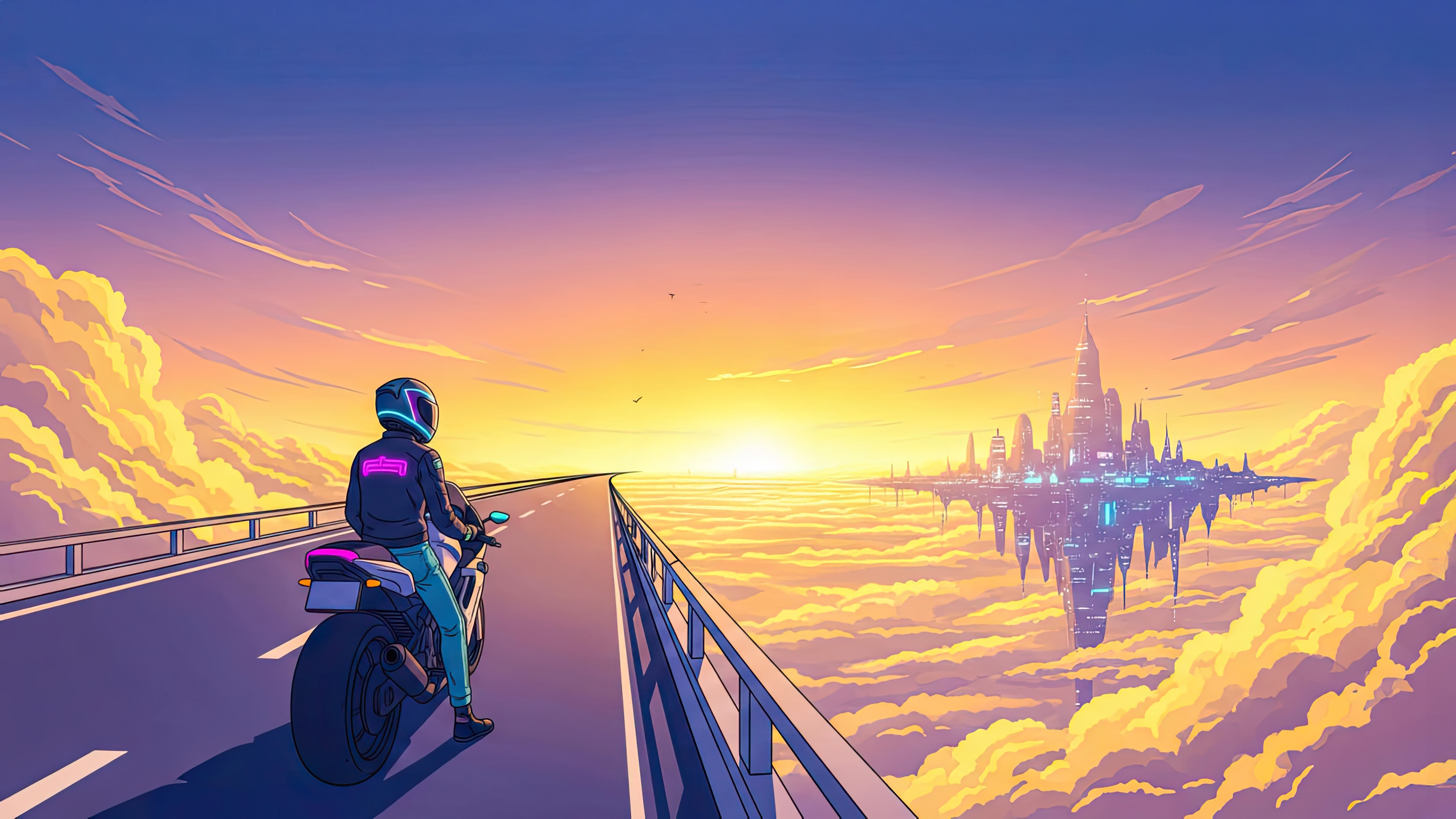 Cyberpunk Motorcycle Rider Approaches Floating City at Sunset HD Wallpaper