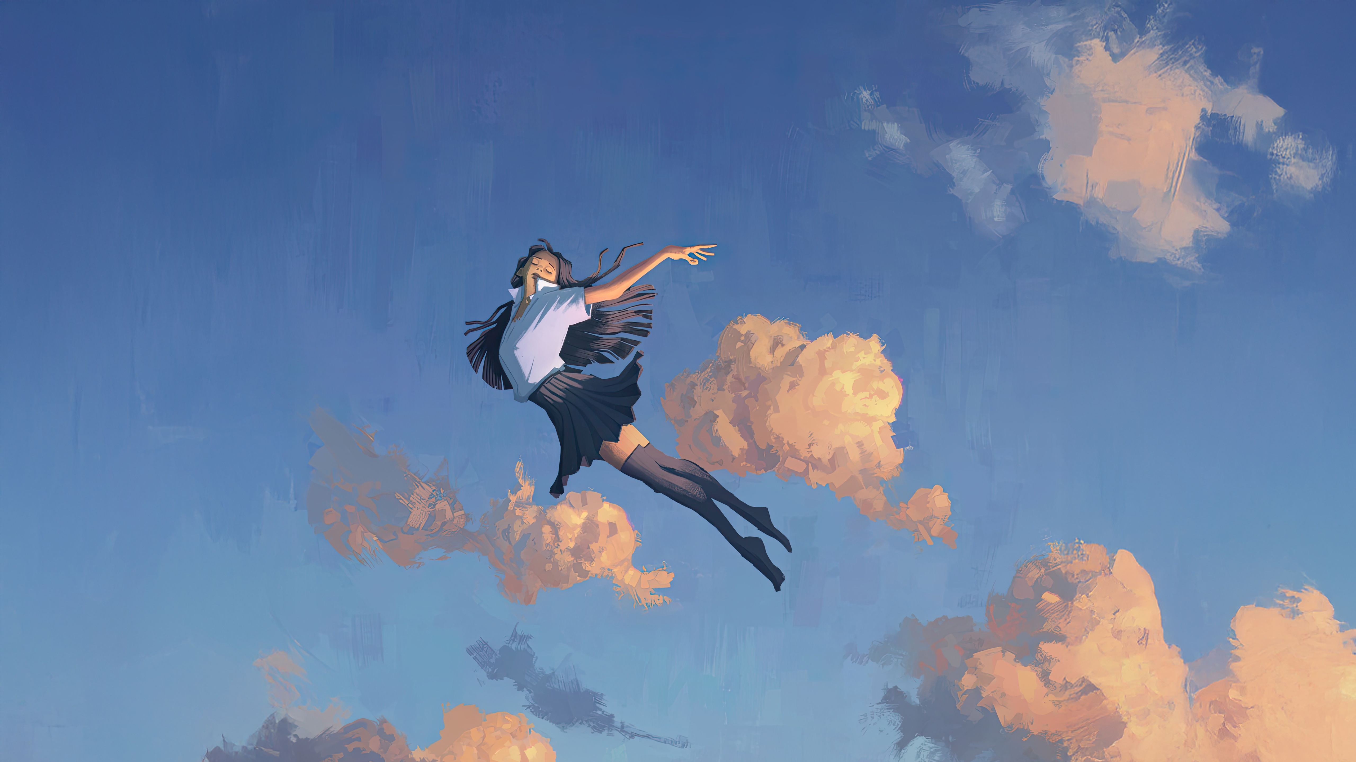 Anime School Girl Falling Through Clouds HD Wallpaper