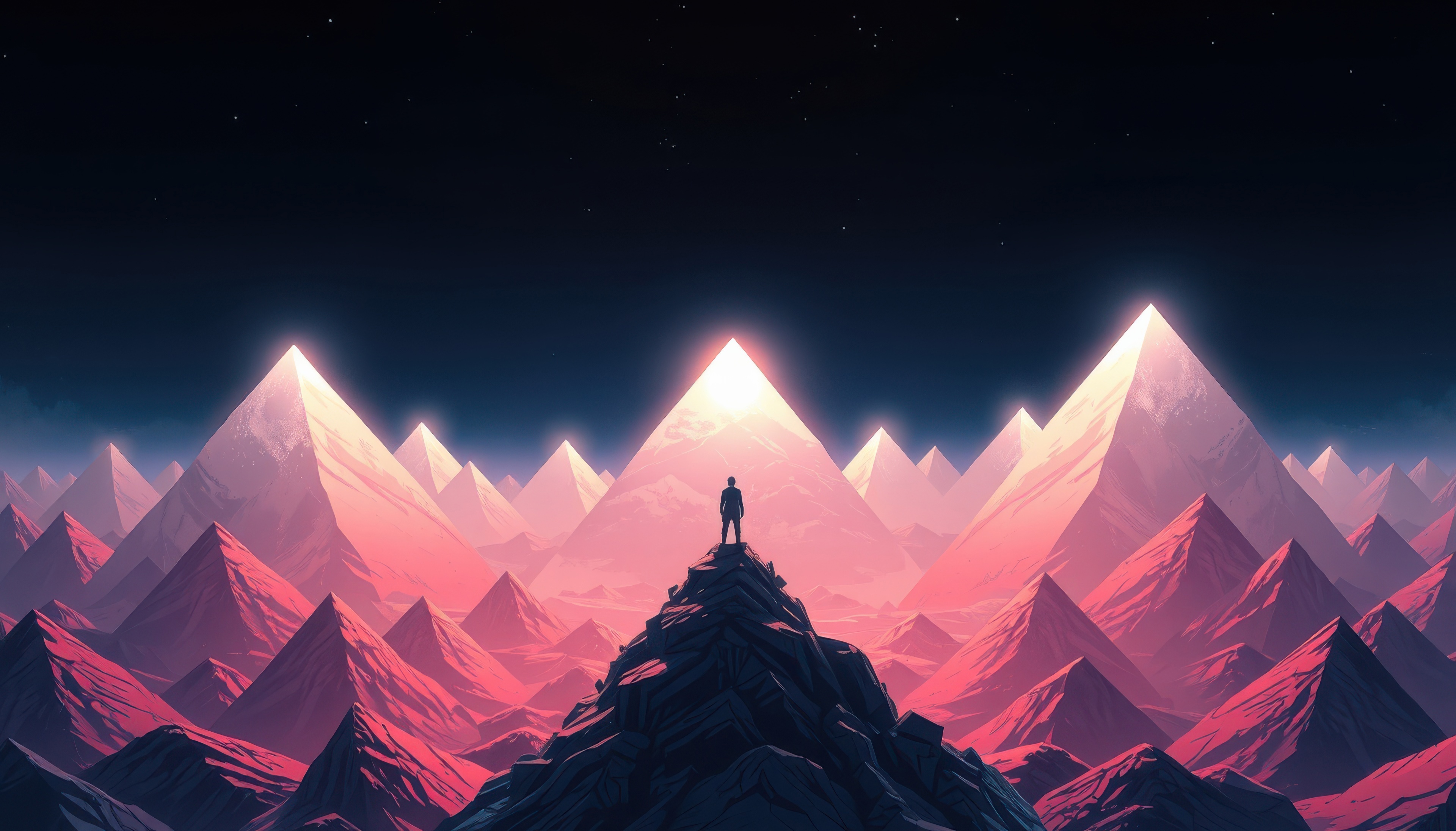 Silhouette of a man on a mountain with glowing pink pyramids HD Wallpaper