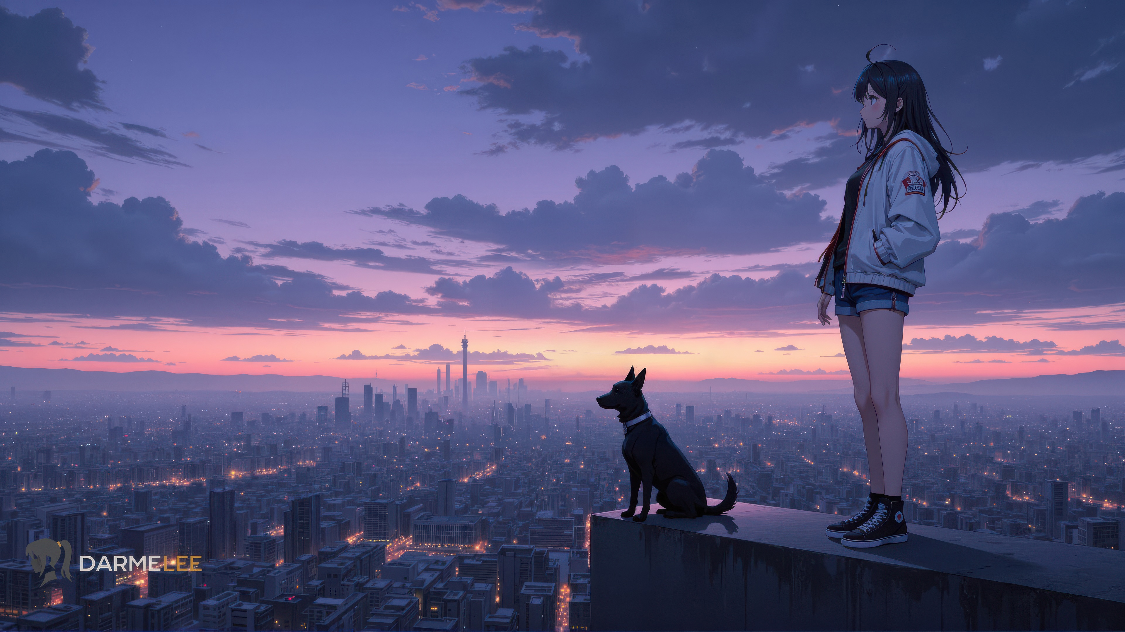 Anime girl and dog overlooking city at sunset HD Wallpaper