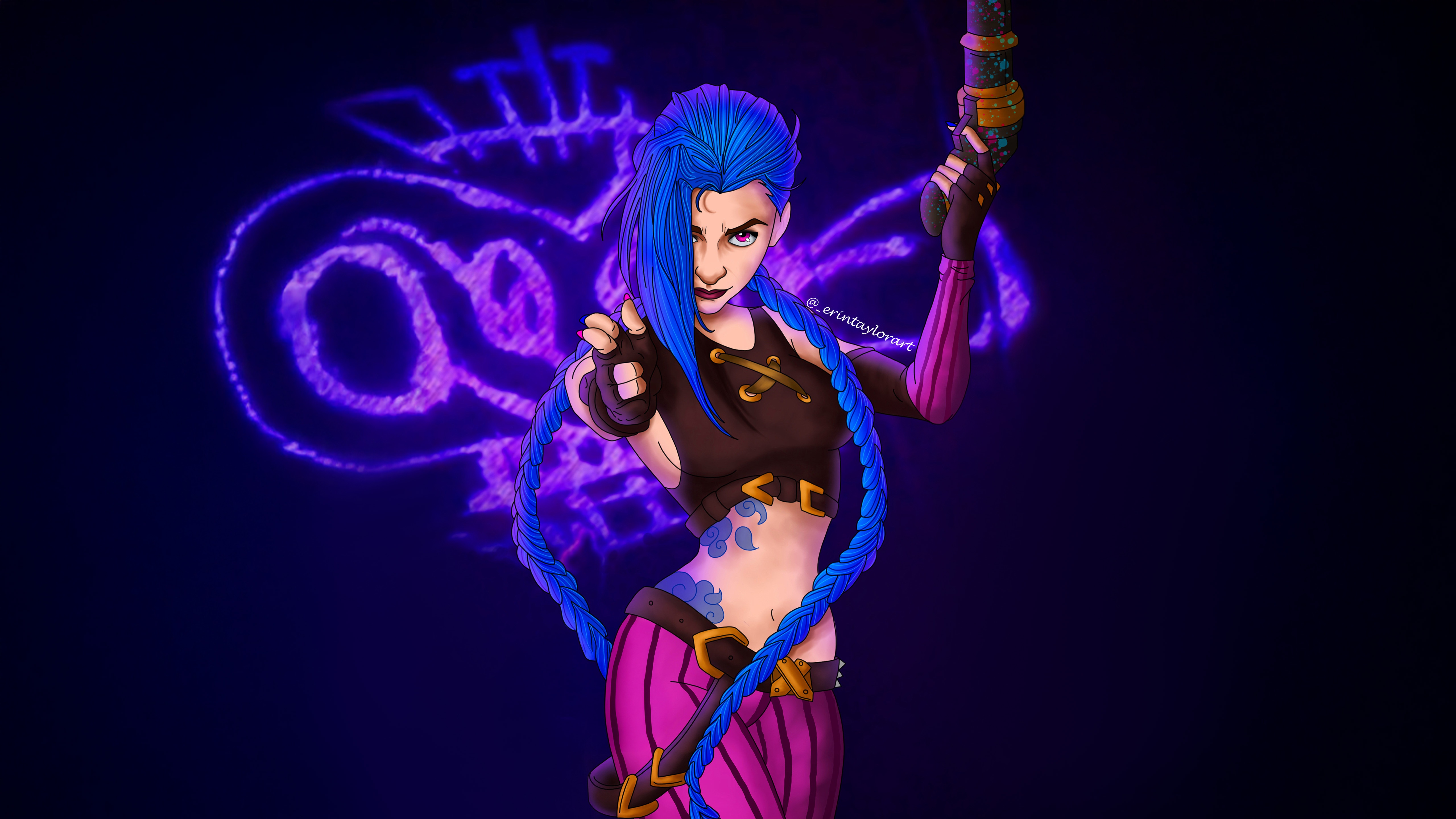 Jinx from Arcane with purple glowing symbols HD Wallpaper