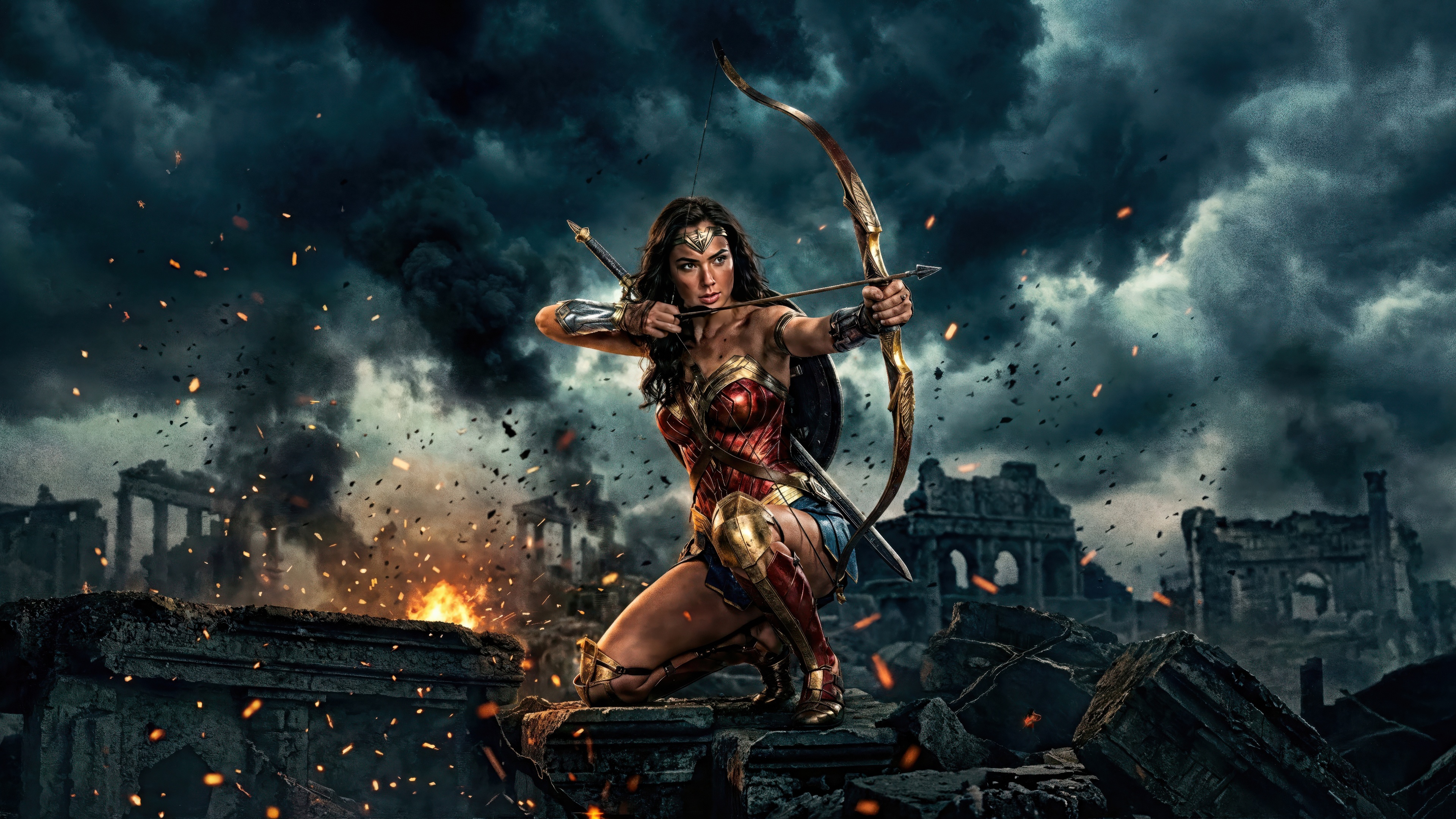 Wonder Woman aiming a bow and arrow in ruins HD Wallpaper