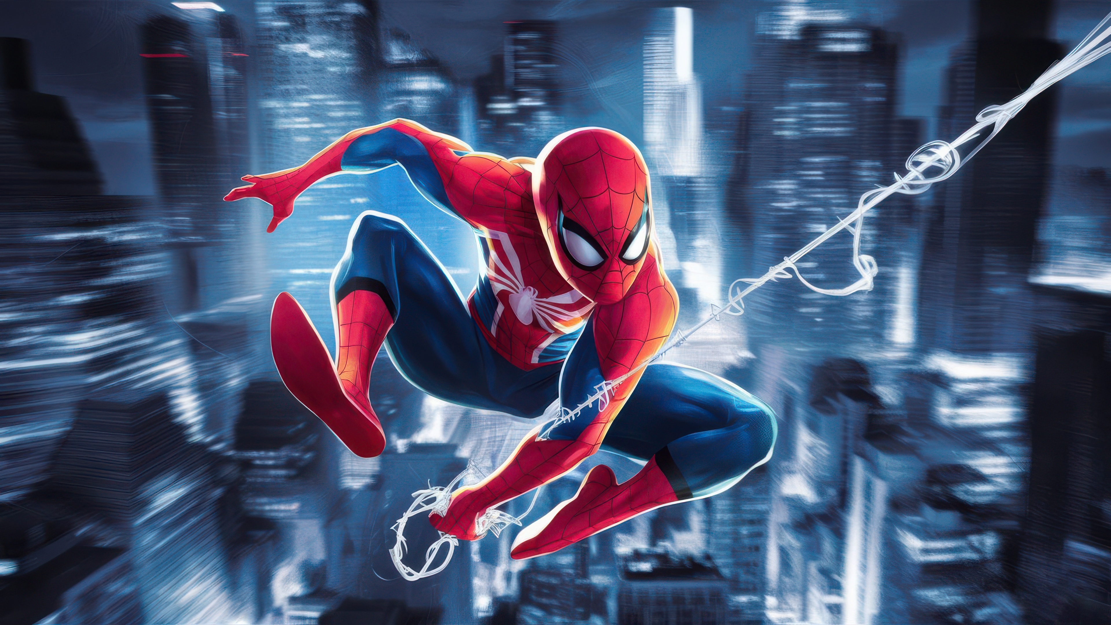 Spiderman swinging through a city HD Wallpaper