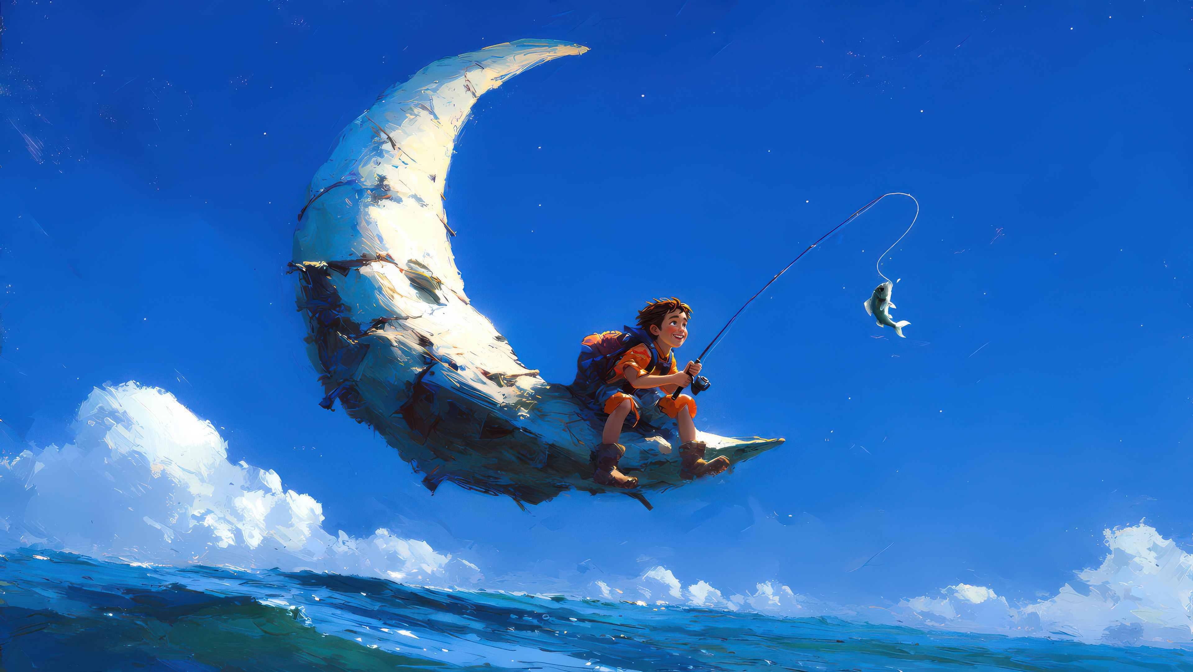 Boy fishing on a crescent moon over the ocean HD Wallpaper