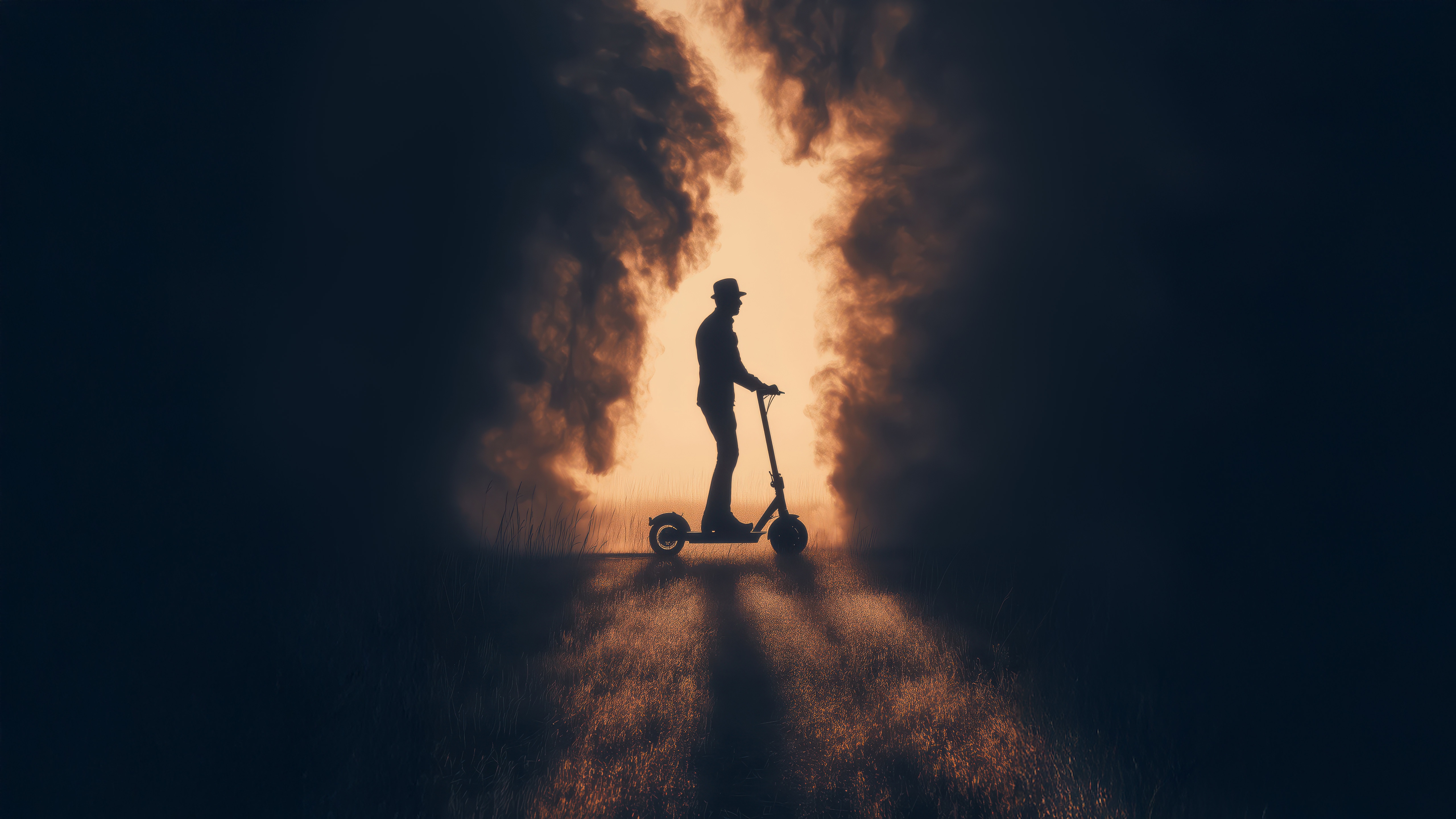 Man in hat riding electric scooter in smoke HD Wallpaper