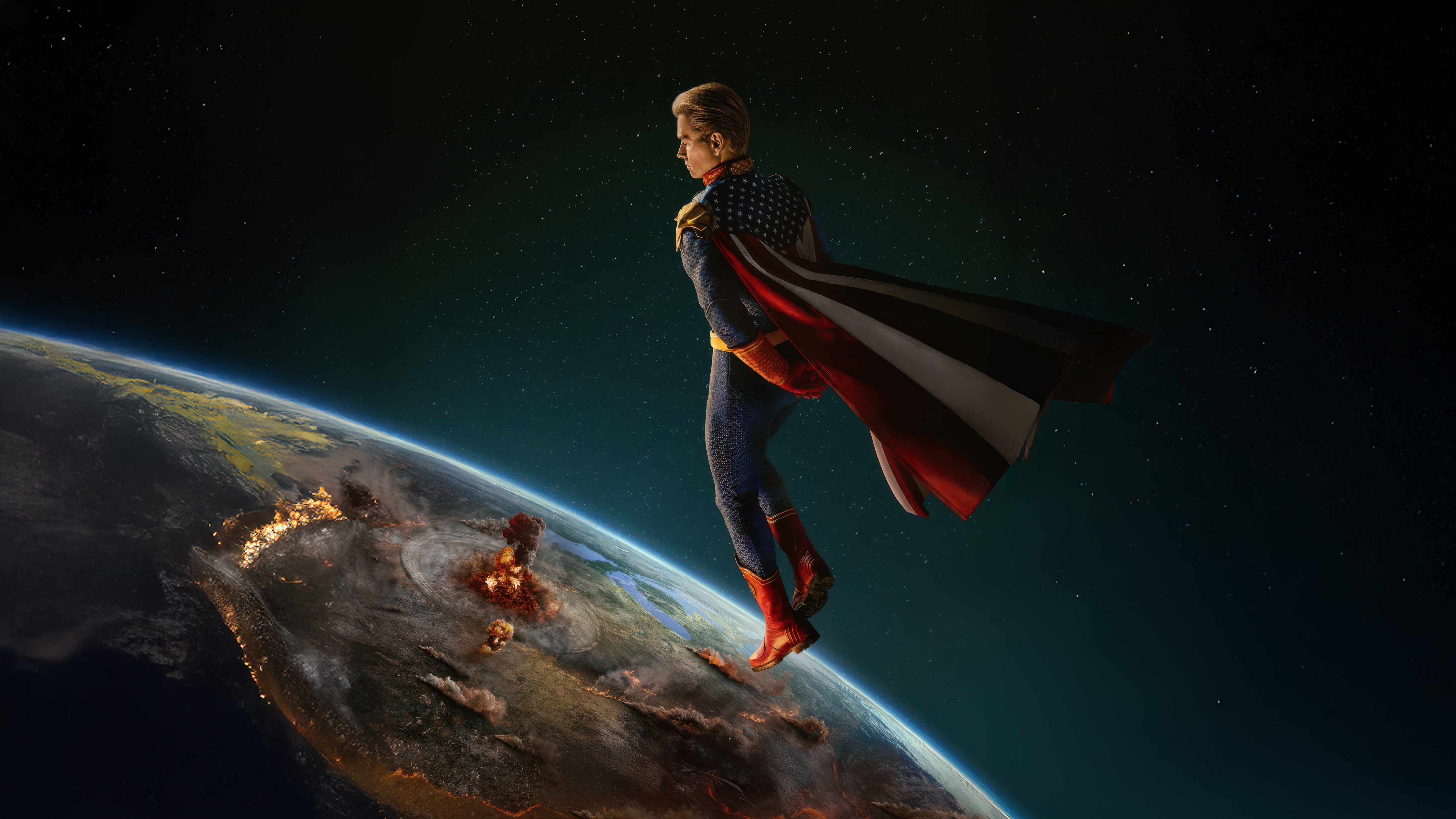 The Boys Homelander over a burning Earth HD Wallpaper