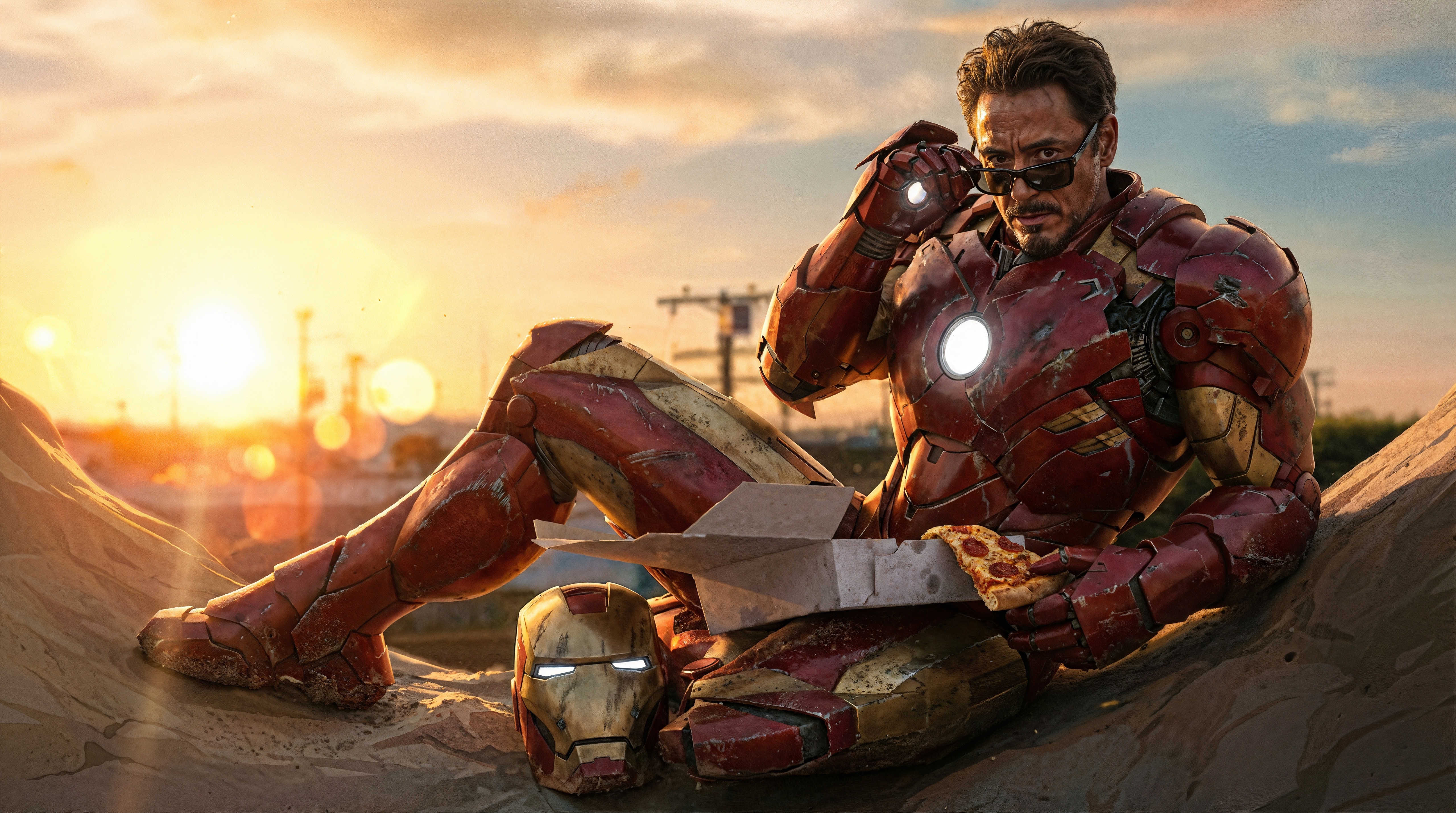 Iron Man eating pizza with his helmet off HD Wallpaper