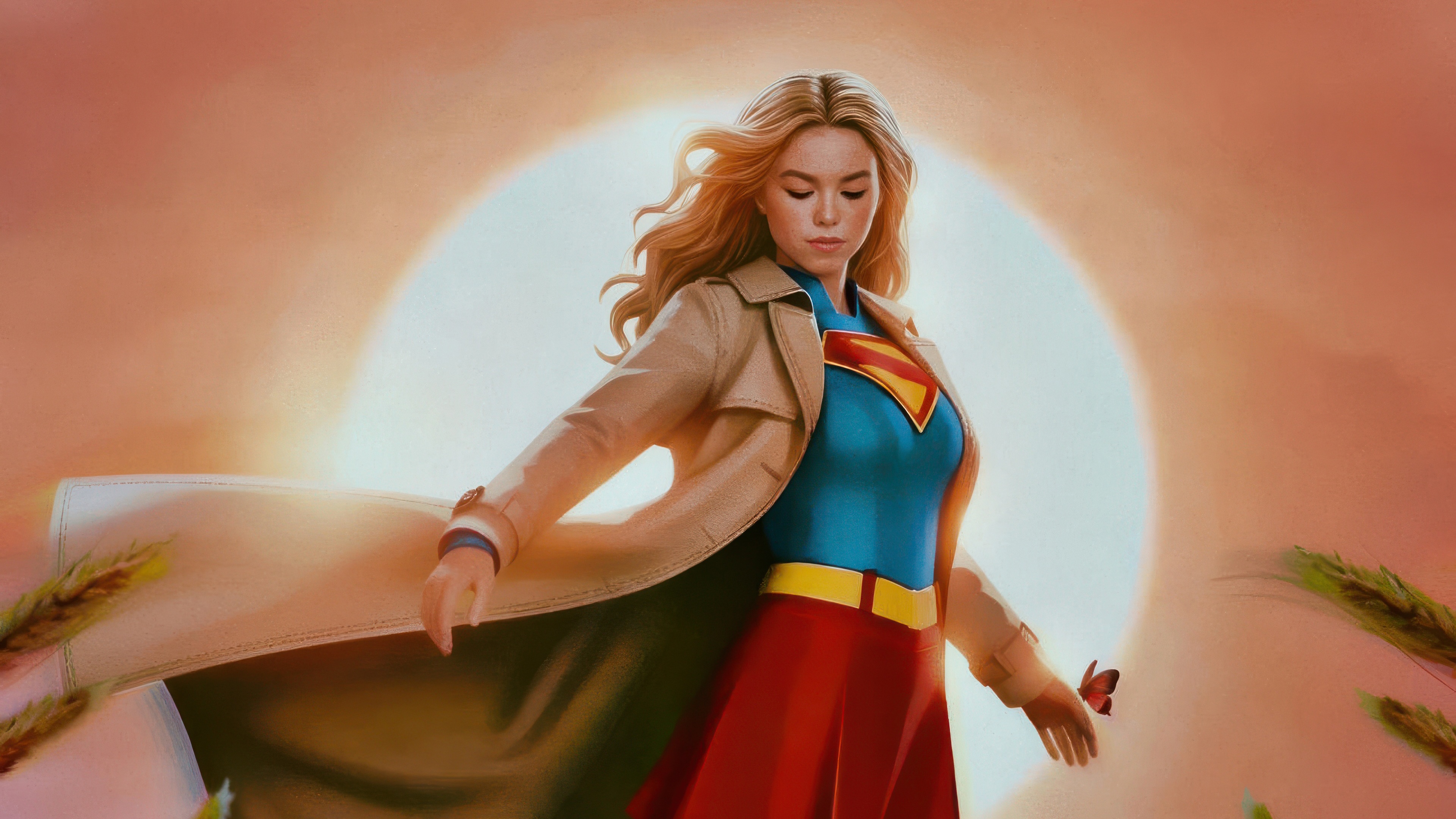 Supergirl in a trench coat with a butterfly HD Wallpaper