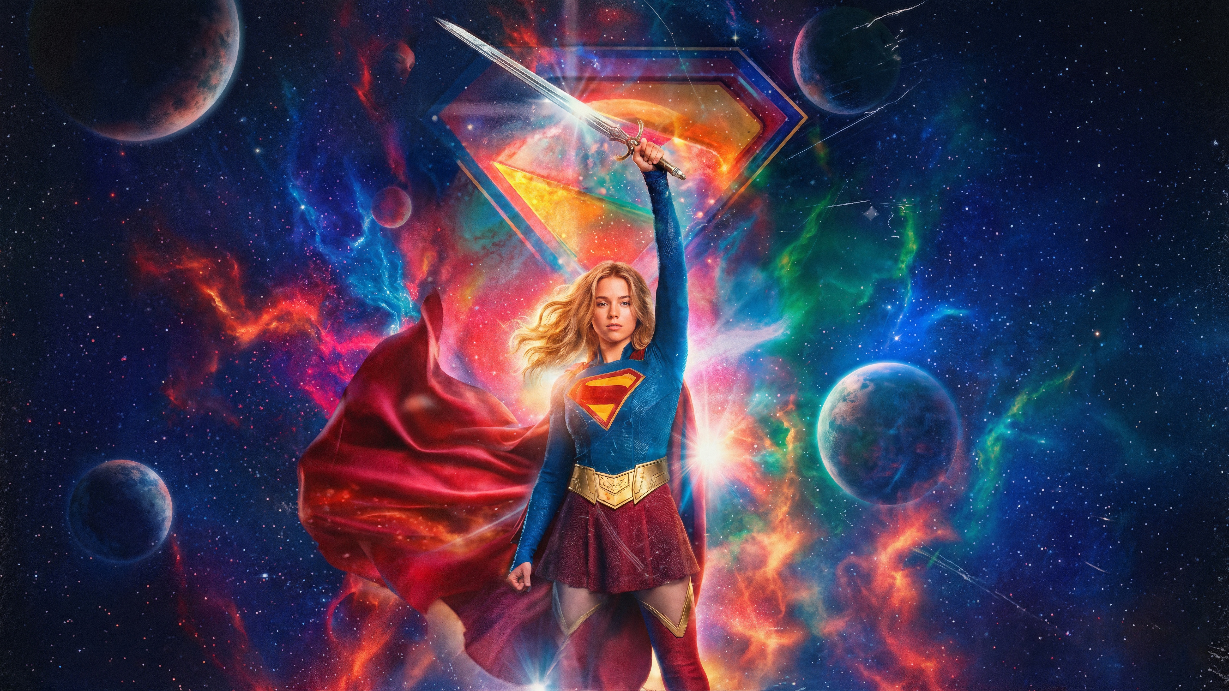Supergirl holding a sword in space HD Wallpaper