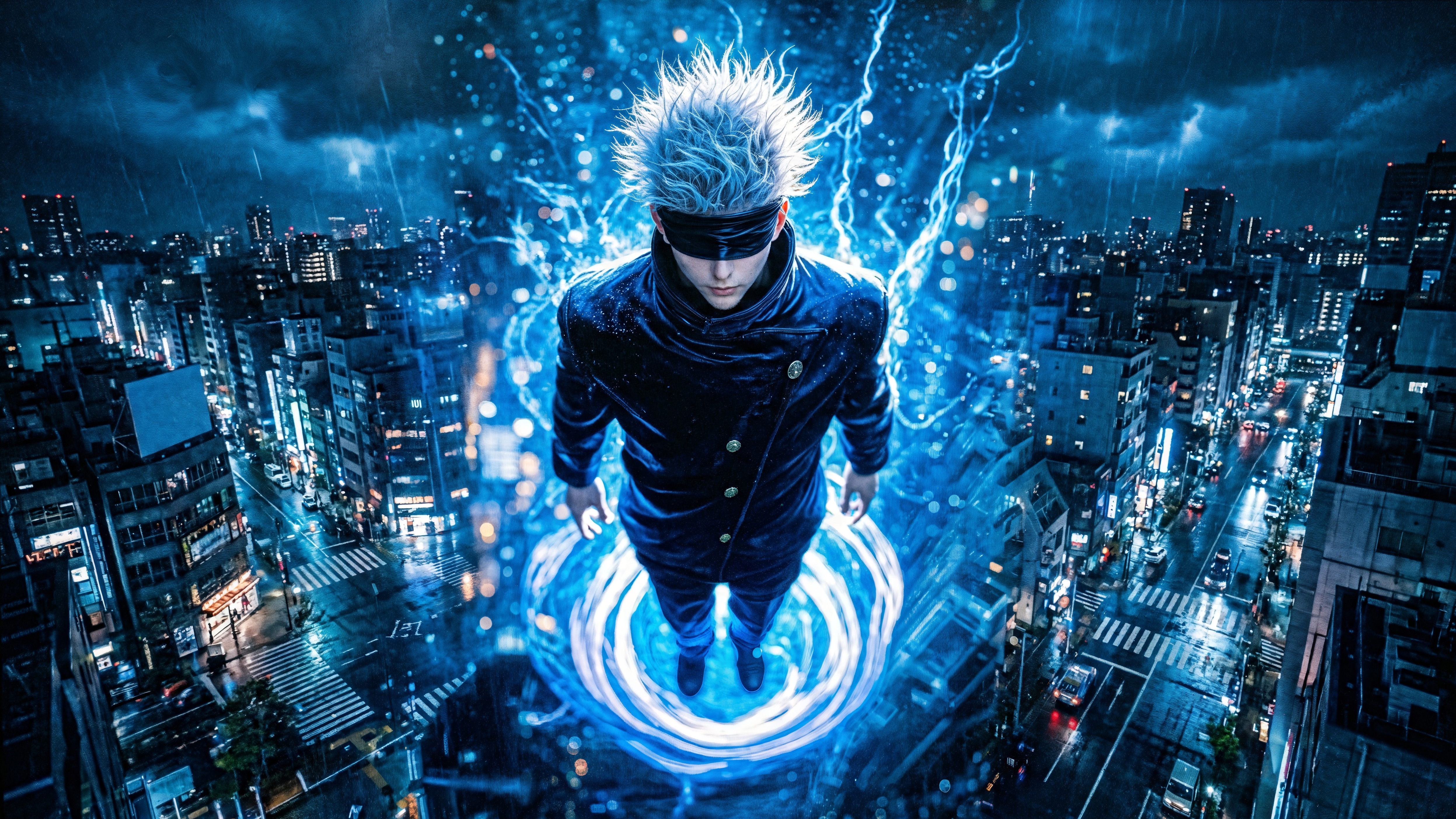 Satoru Gojo Levitating Above a Cityscape HD Wallpaper