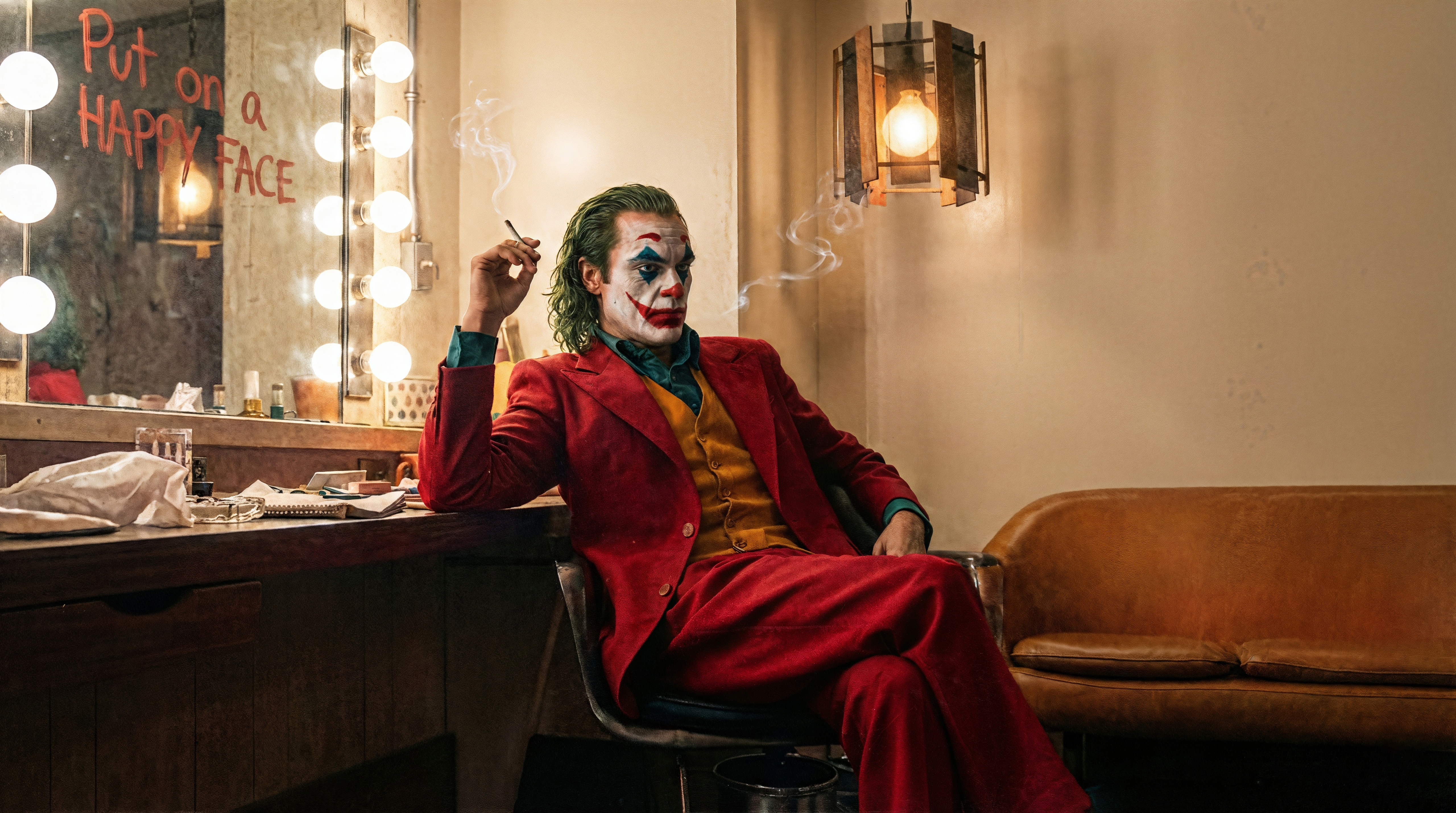 Joker sits and smokes in a dressing room HD Wallpaper
