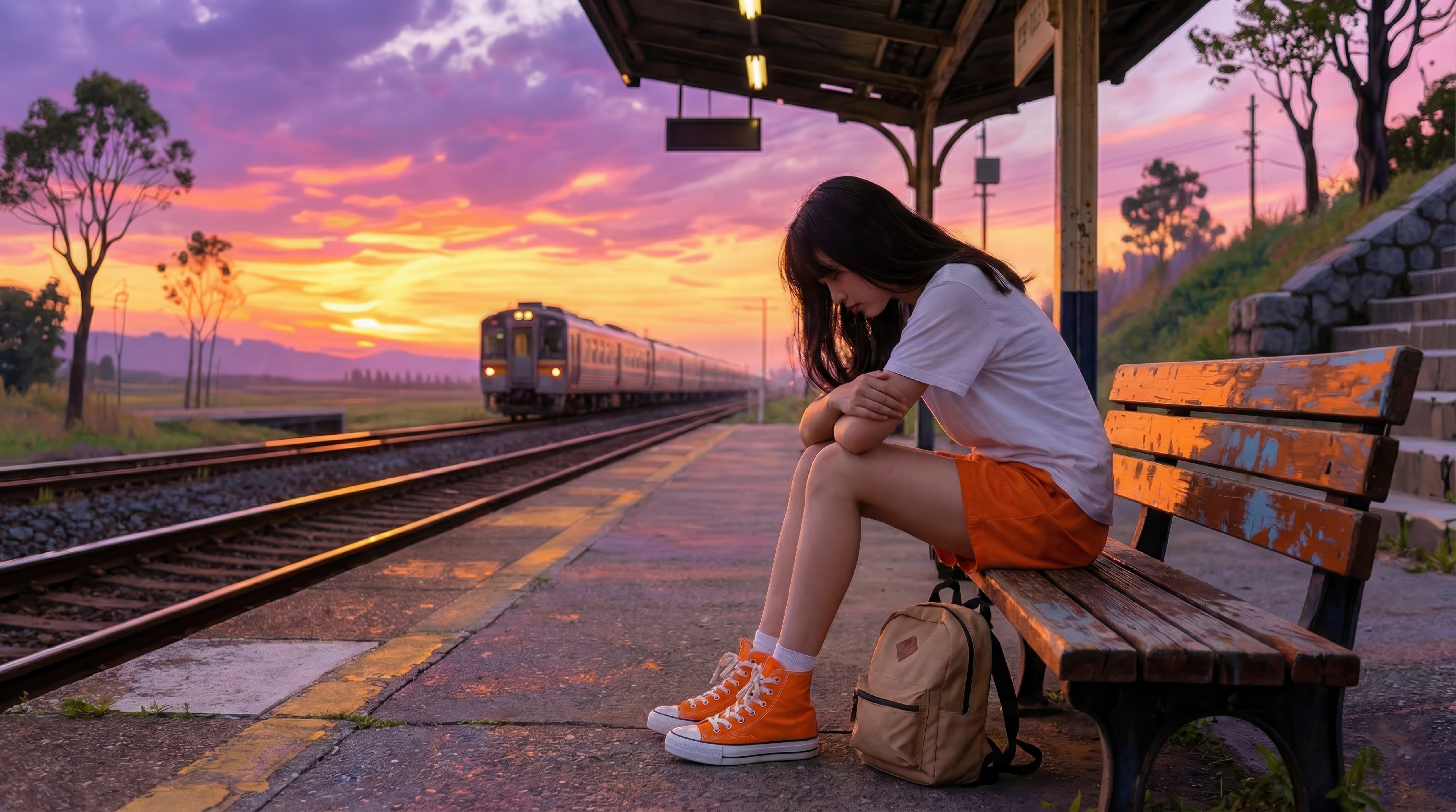Girl at train station during sunset HD Wallpaper