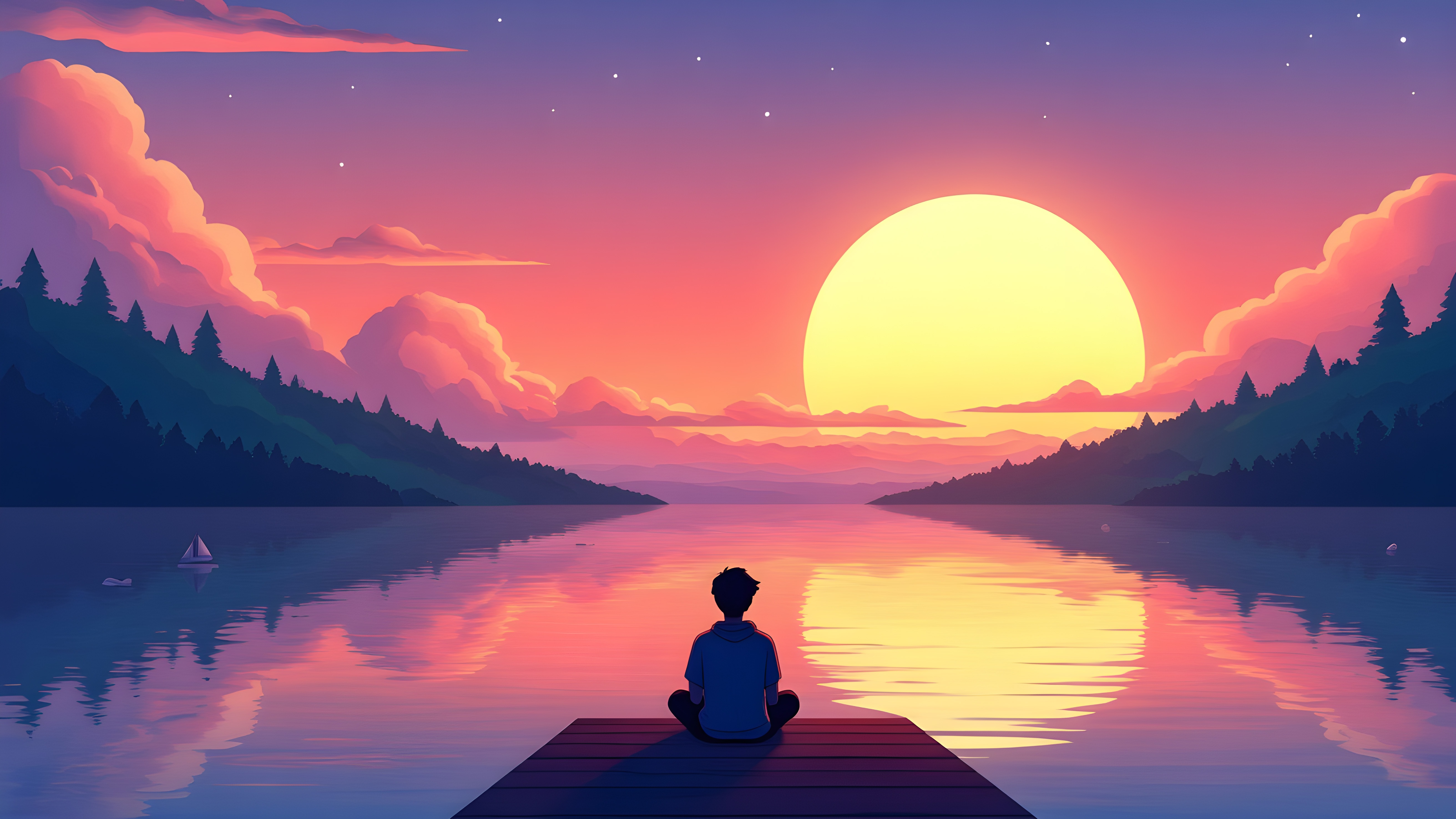 Anime Boy Sitting at Dock by Lake at Sunset HD Wallpaper