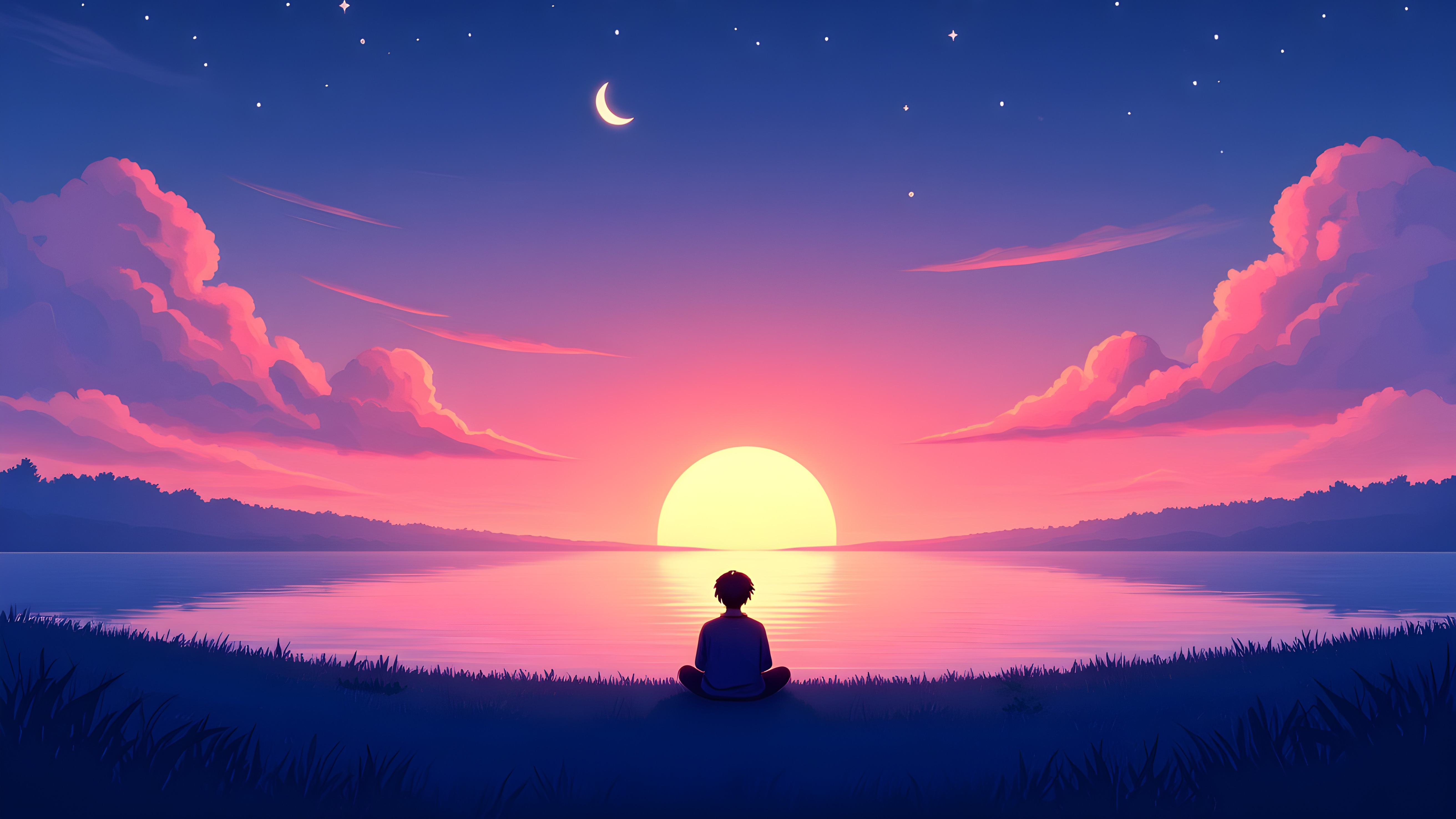 Person Meditating by Lake During Sunset with Moon HD Wallpaper