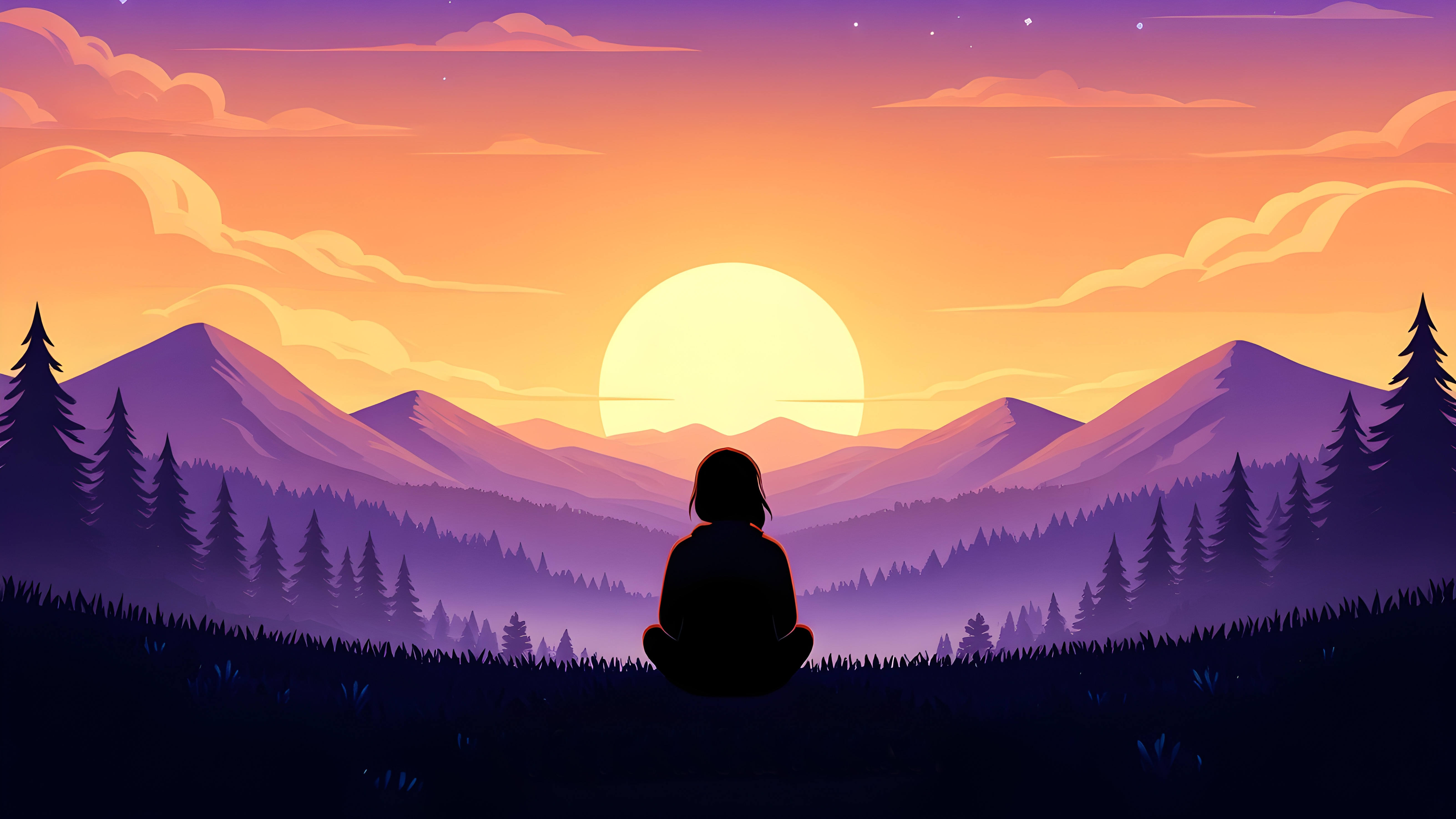 Person meditating on a mountain at sunset HD Wallpaper
