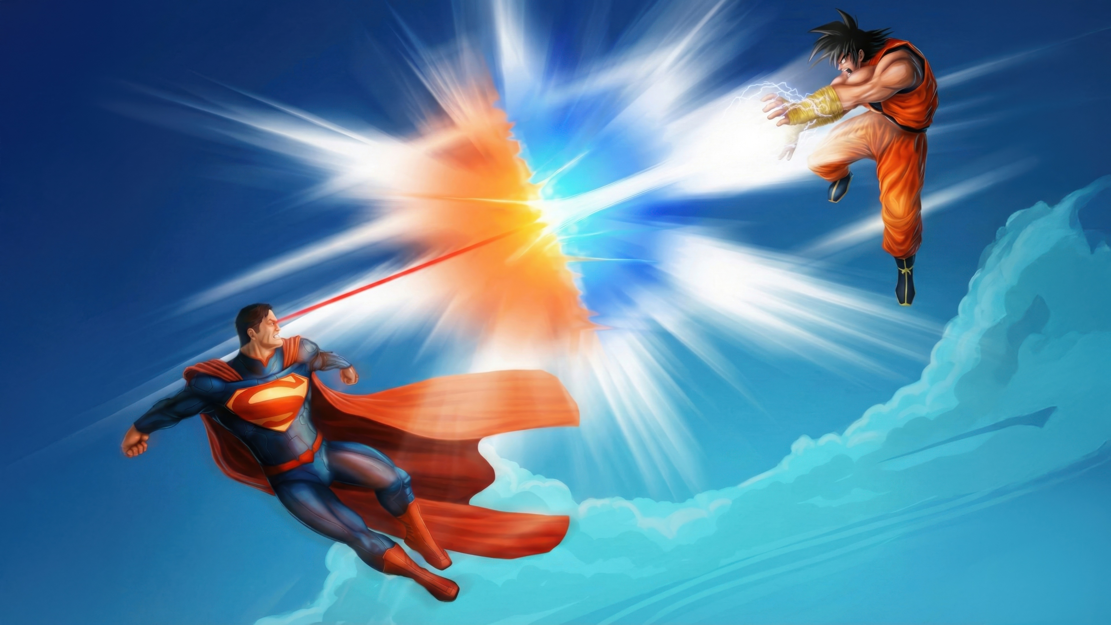 Superman and Goku clash with energy blasts HD Wallpaper