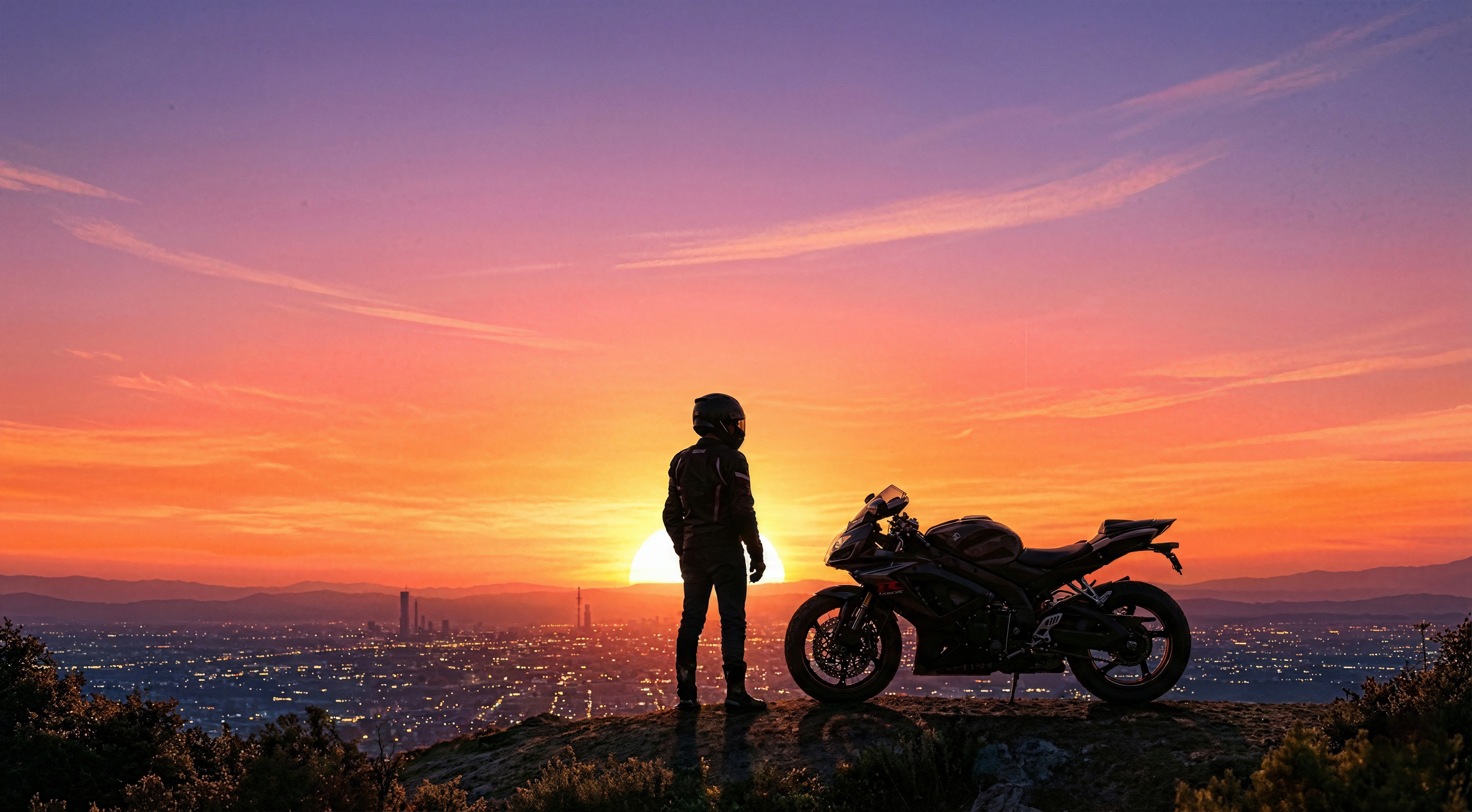 Biker and motorcycle overlook at sunset HD Wallpaper