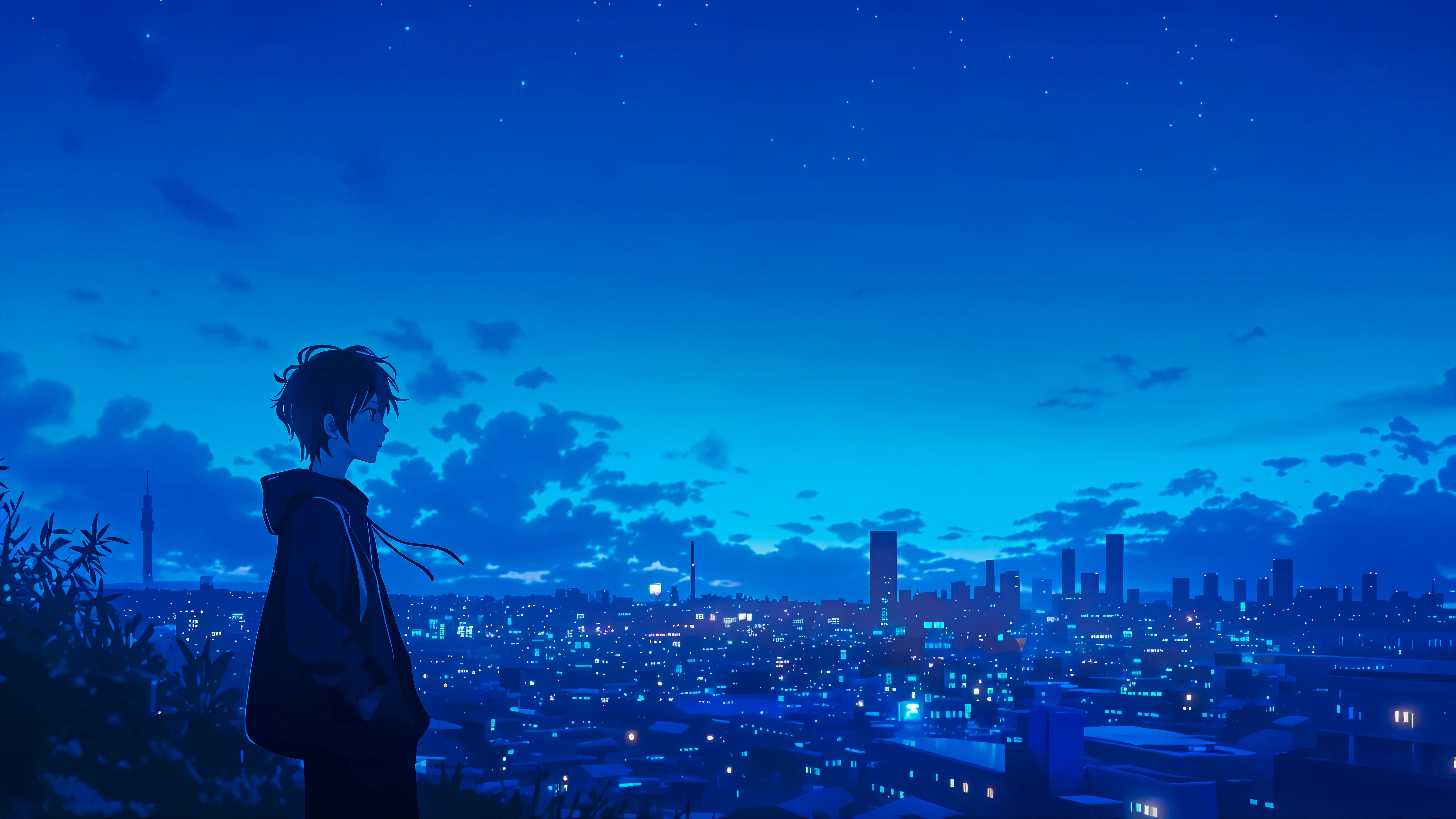 Anime boy looking over a city at night HD Wallpaper