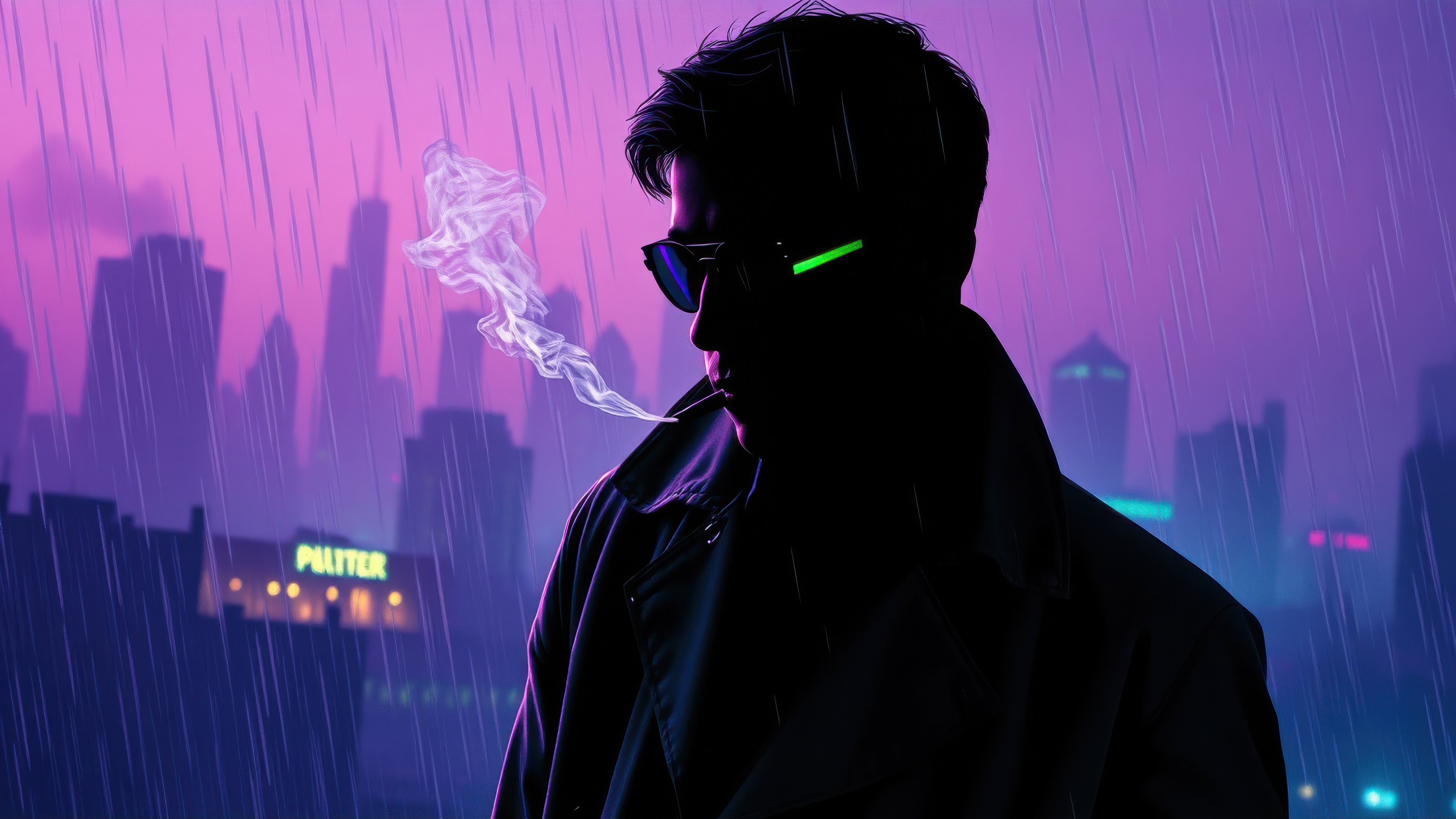 Detective in Neon City at Night HD Wallpaper