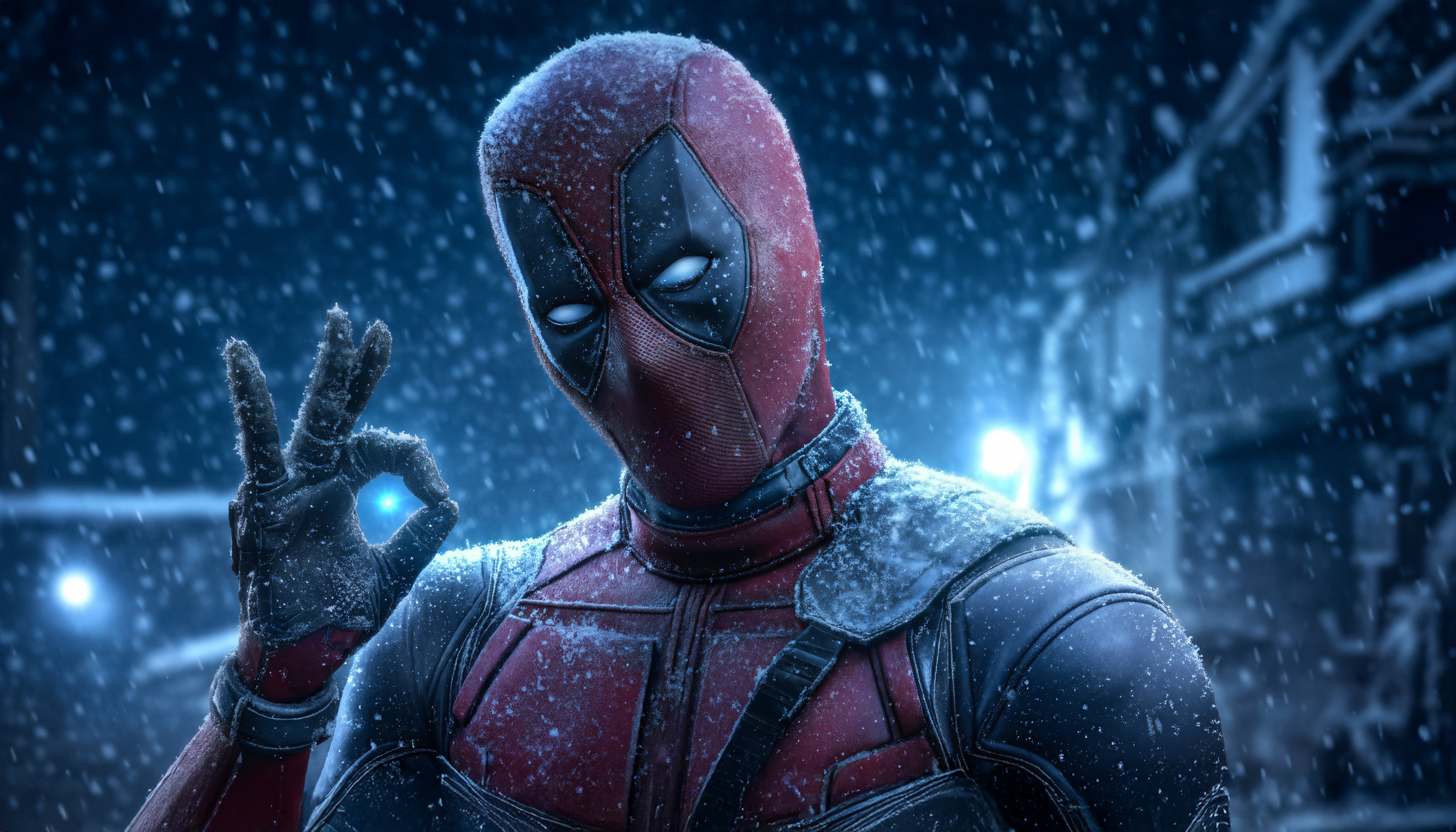 Deadpool in a Snowy Urban Environment HD Wallpaper