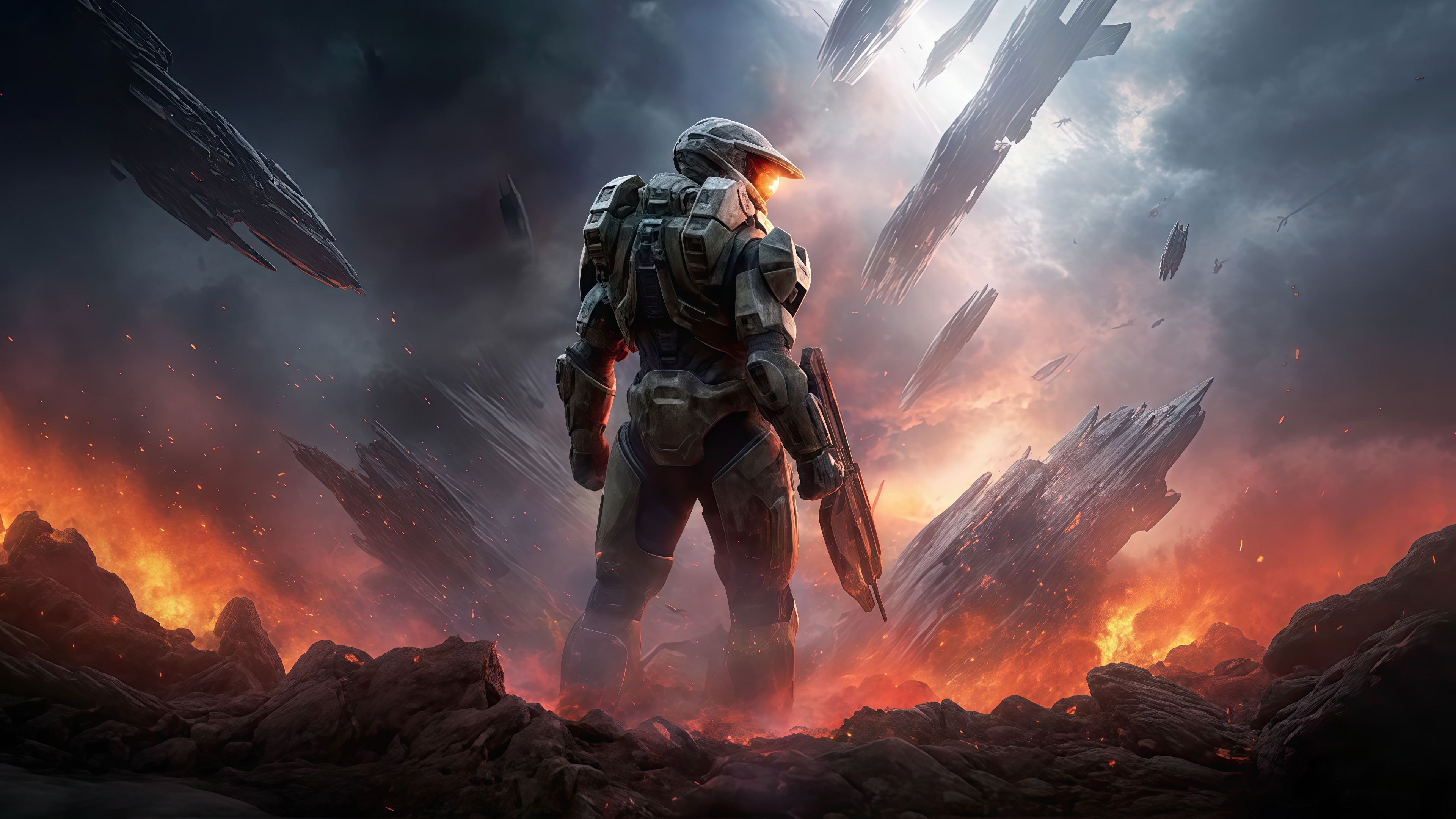 Master Chief in Halo with alien ships HD Wallpaper