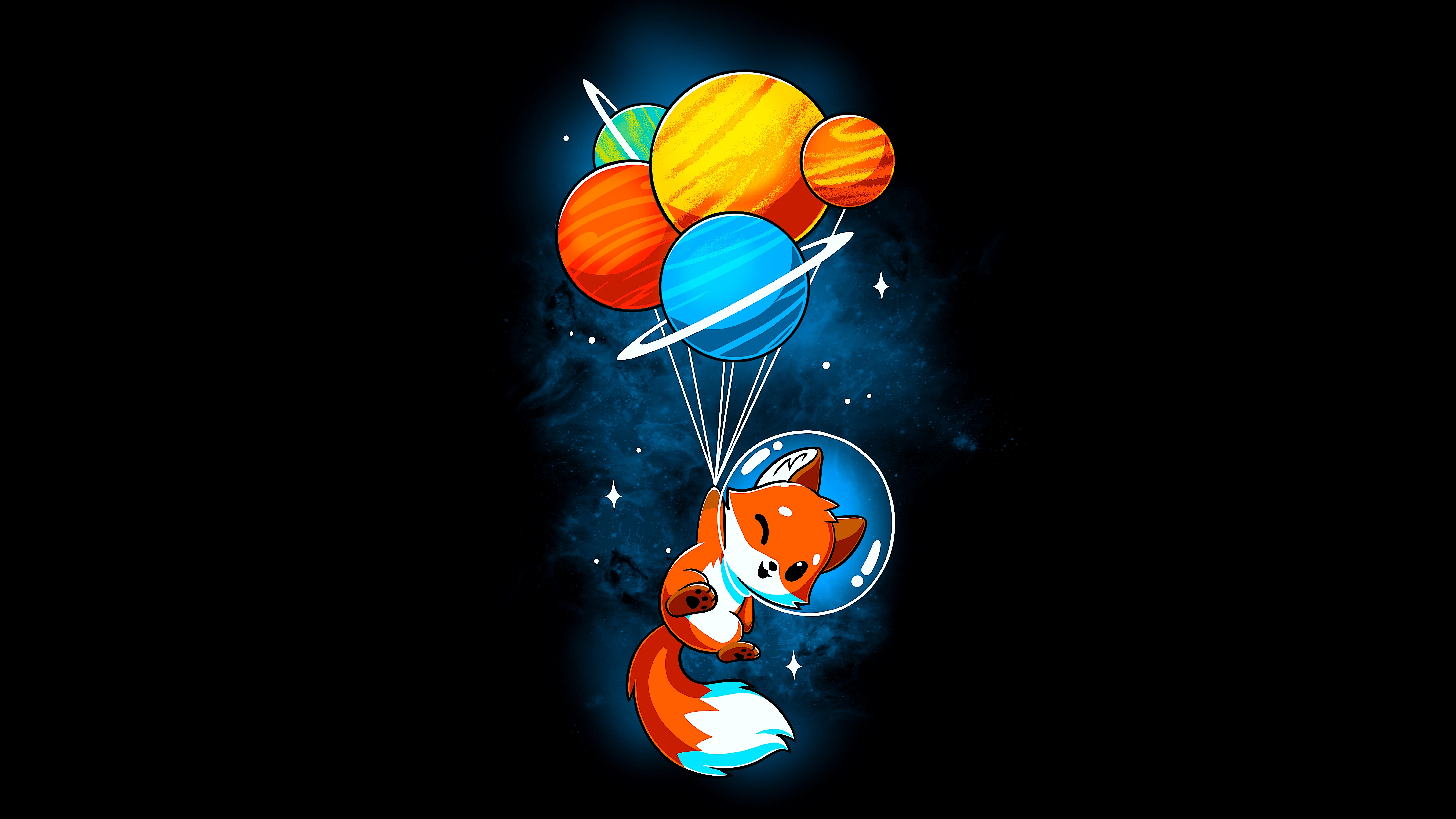 Cute Fox Astronaut Floating with Planet Balloons HD Wallpaper
