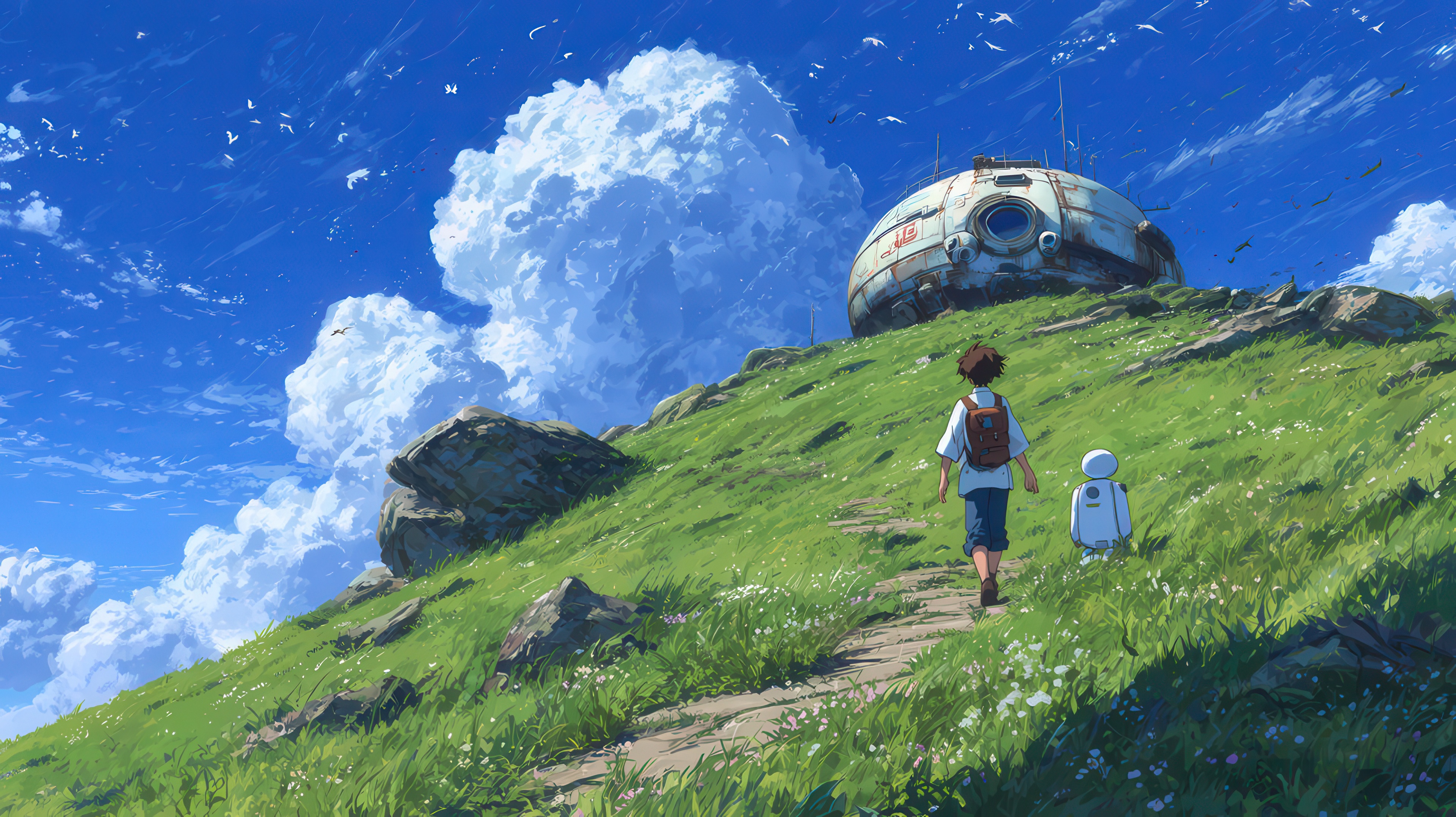 Anime Boy and Robot Walking on a Grassy Hill HD Wallpaper