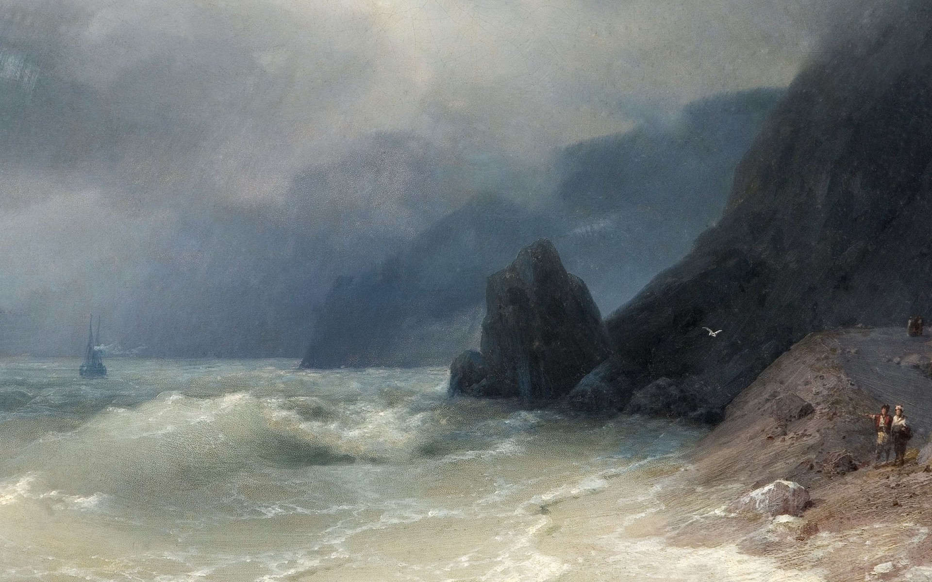 Seascape with Stormy Seas and Cliffs by Ivan Aivazovsky HD Wallpaper