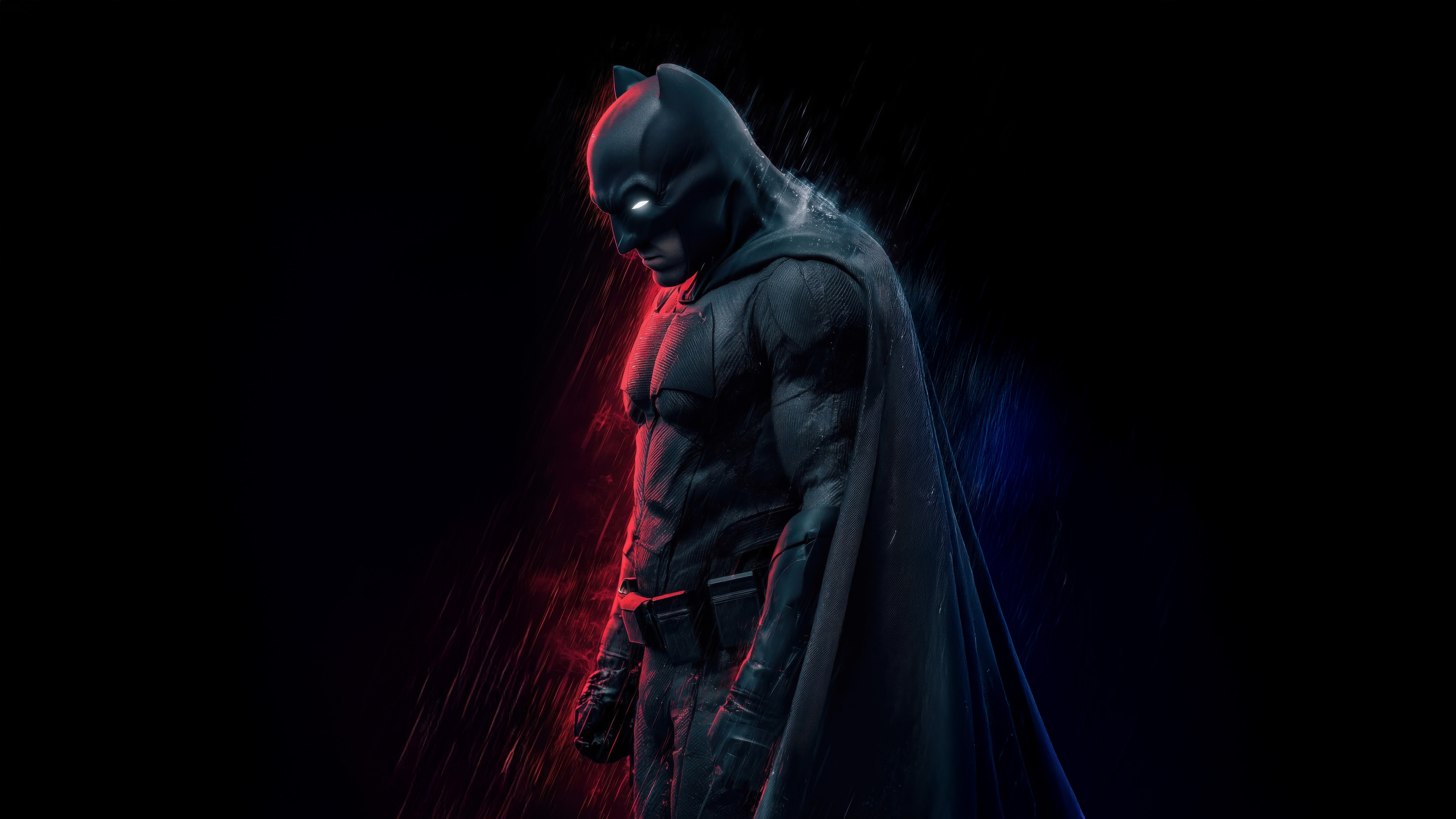 Batman in Dark Suit with Red and Blue Lighting HD Wallpaper