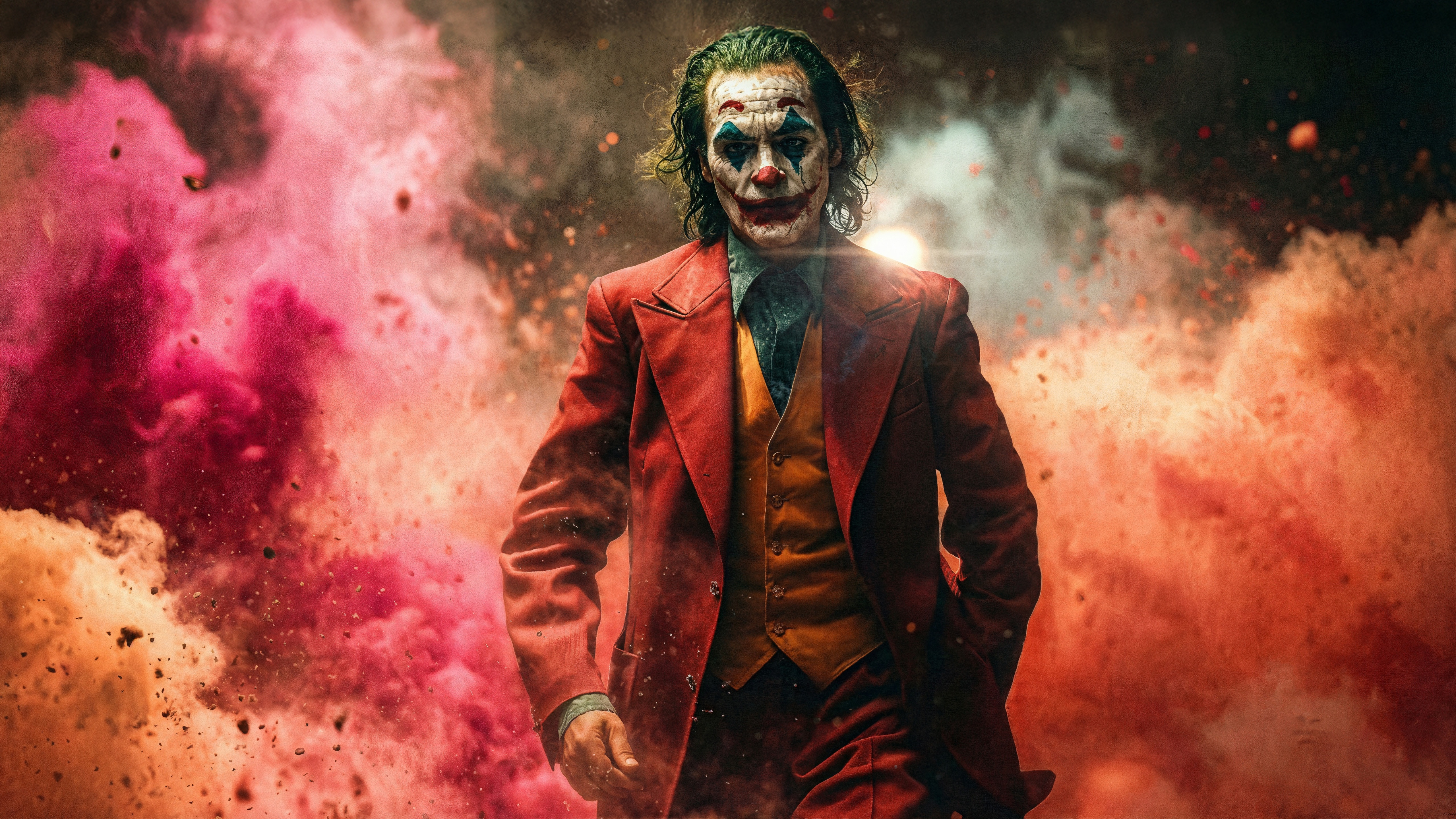 Joker walking through colorful smoke HD Wallpaper
