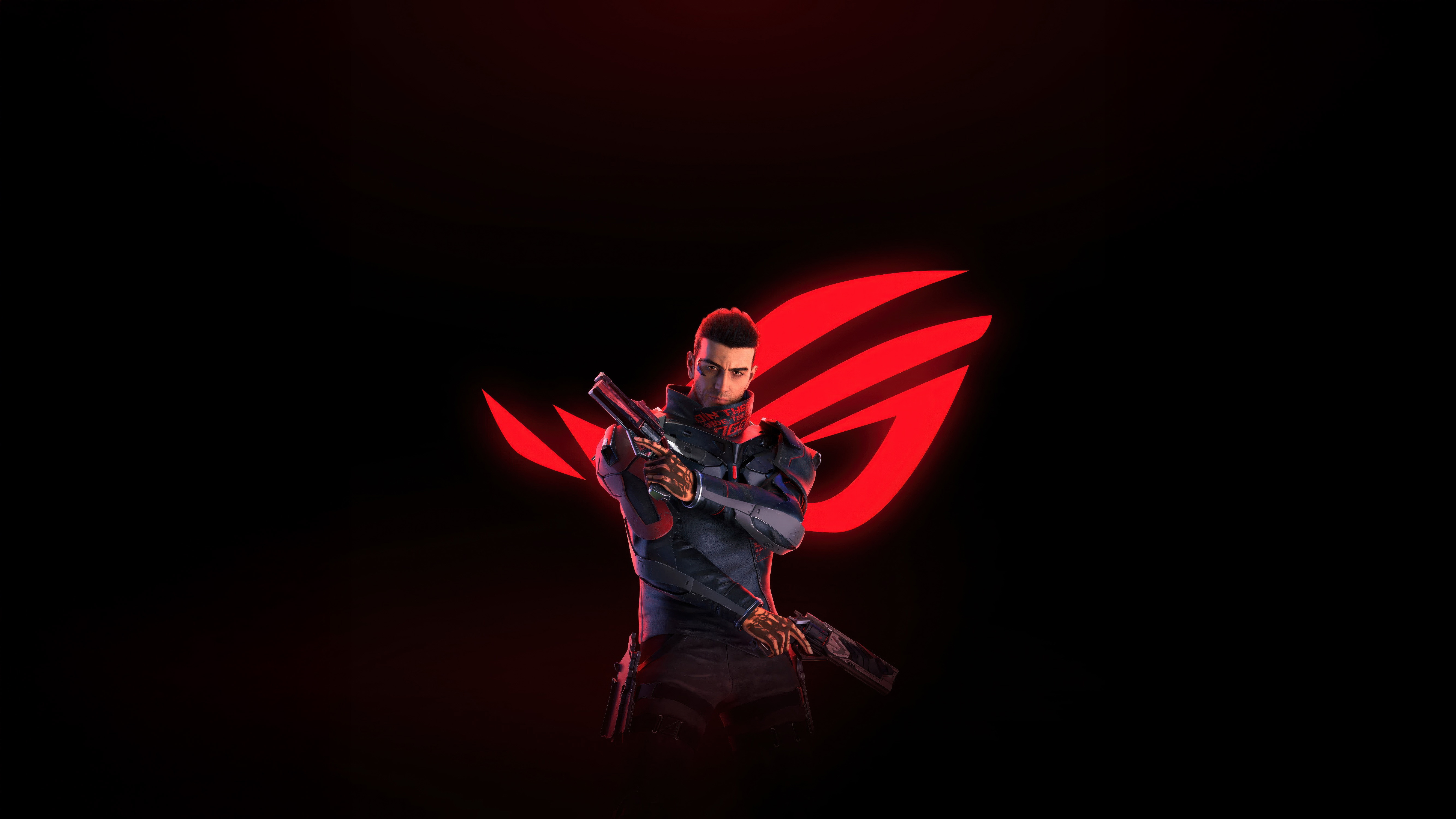 Republic of Gamers Logo with a Character Holding Guns HD Wallpaper