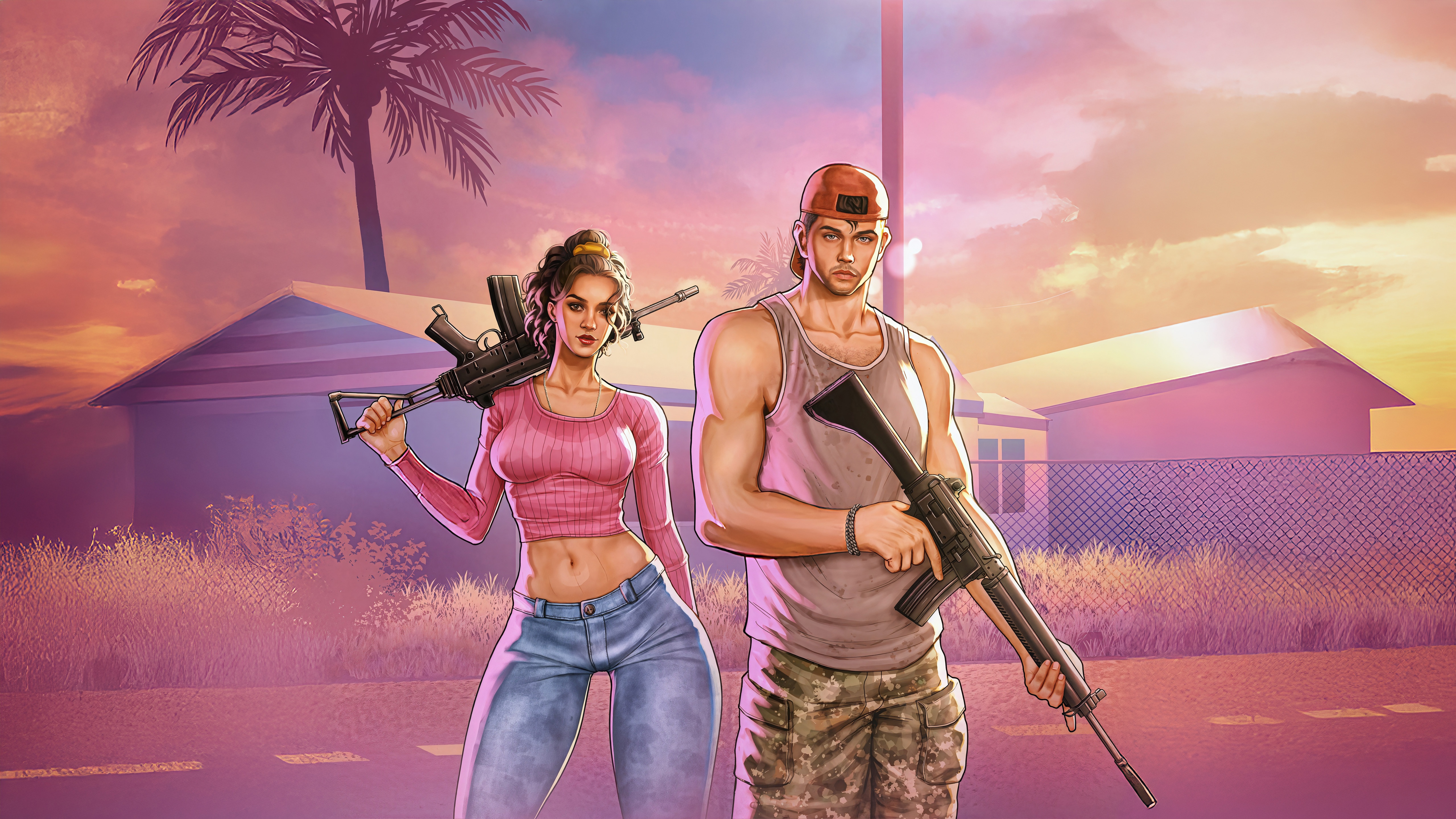 Jason and Lucia with guns in front of houses HD Wallpaper