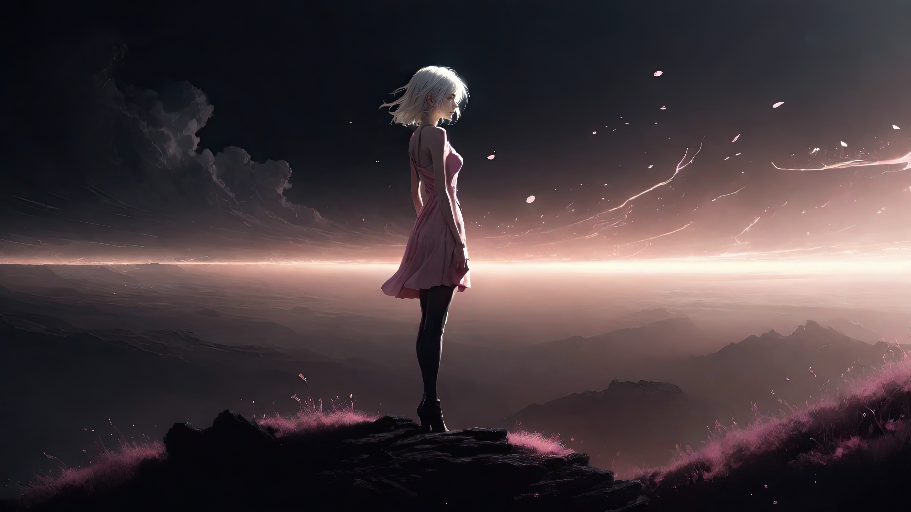 Girl in pink dress on a cliff HD Wallpaper