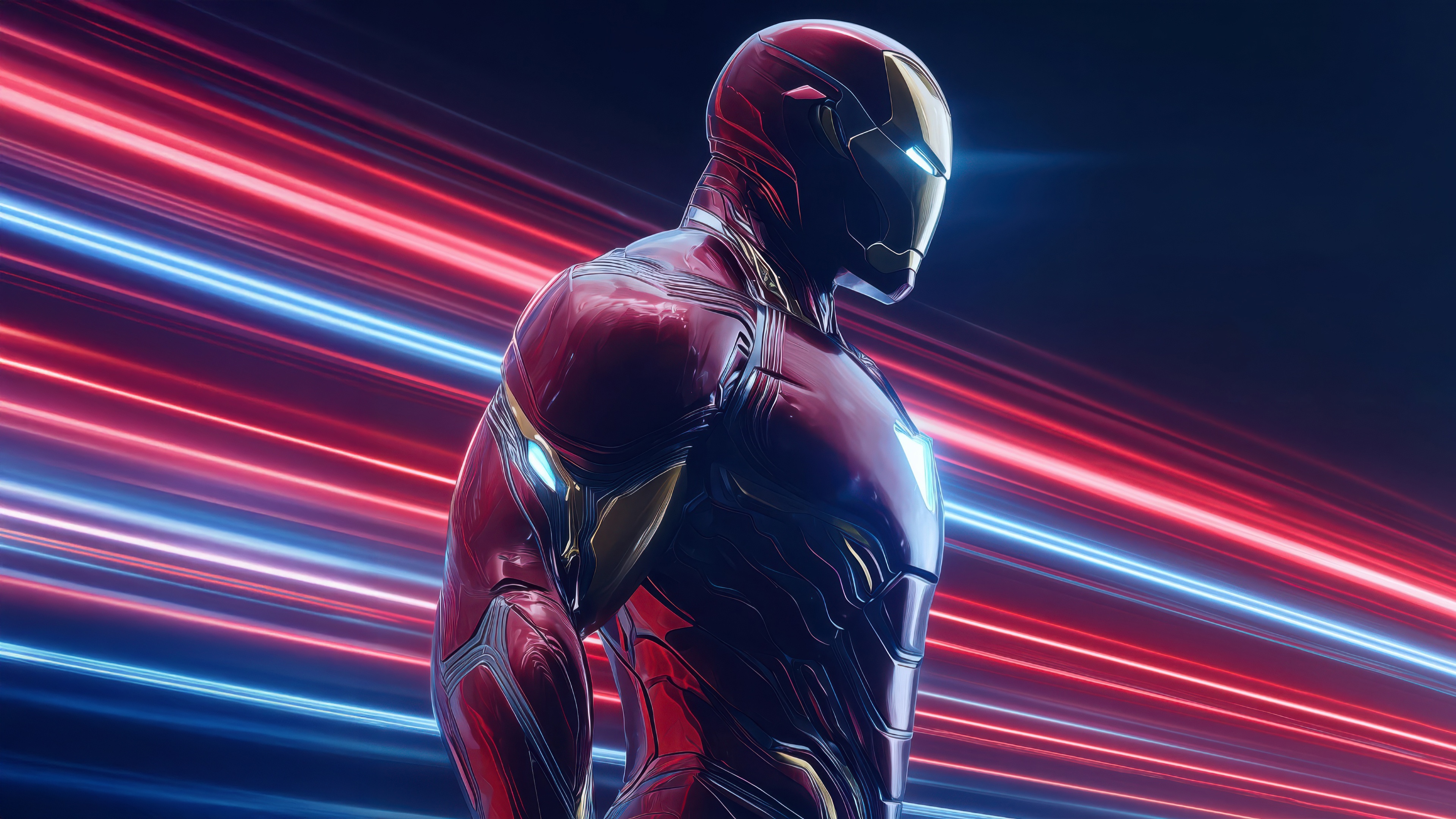 Iron Man in a dynamic pose with light streaks HD Wallpaper