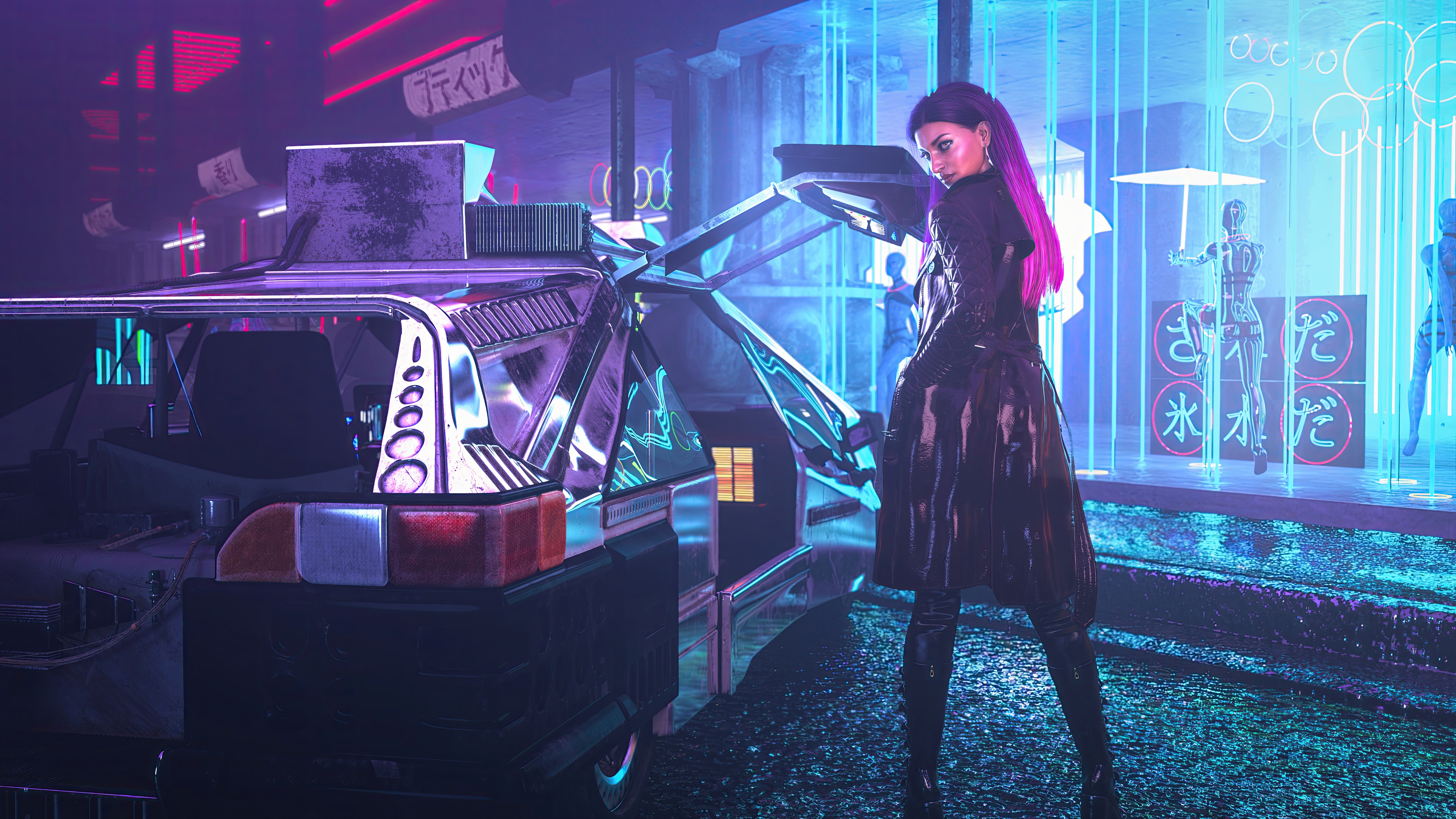 Cyberpunk girl with purple hair by a futuristic taxi HD Wallpaper