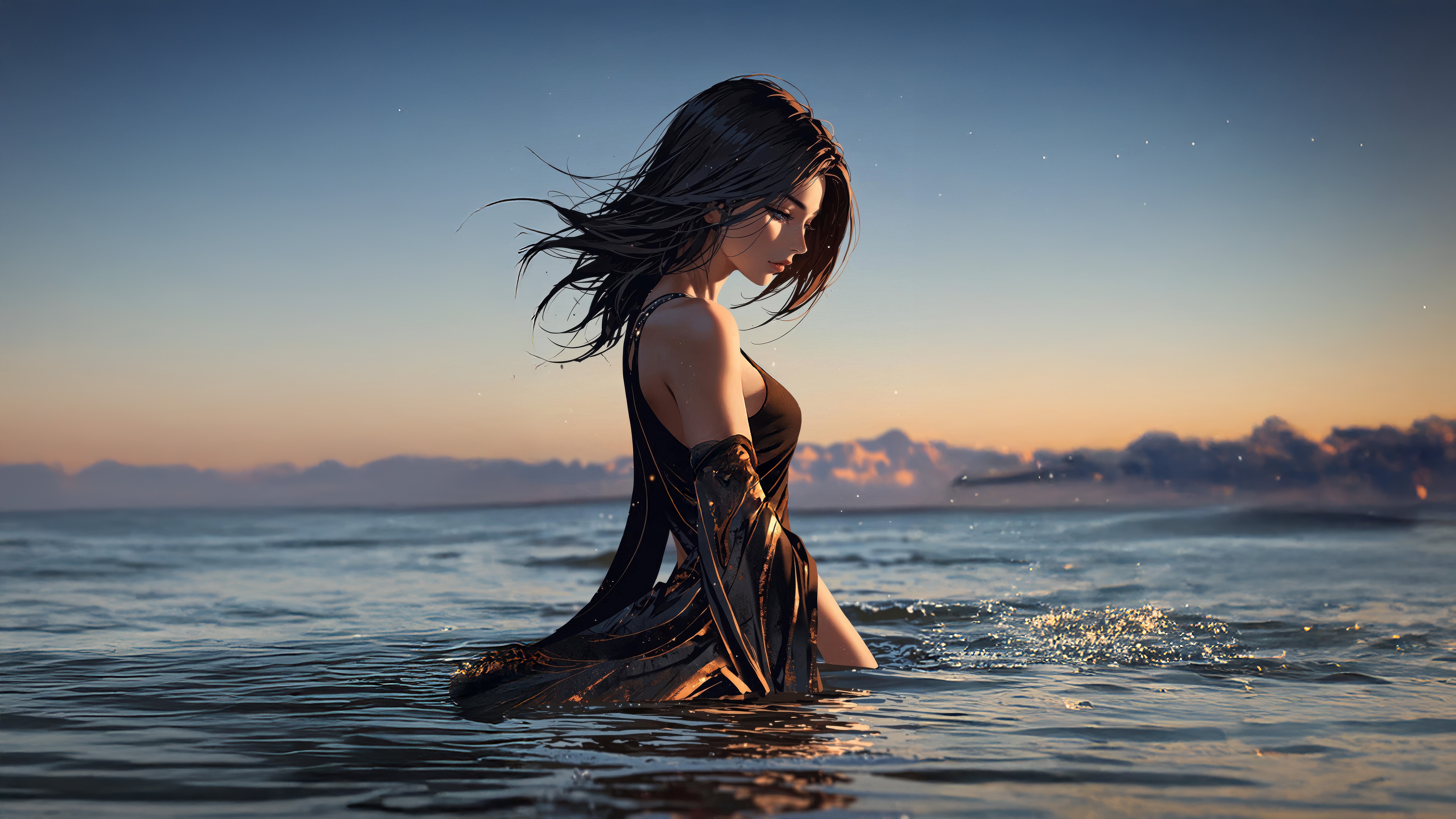 Anime Woman in Ocean at Sunset HD Wallpaper
