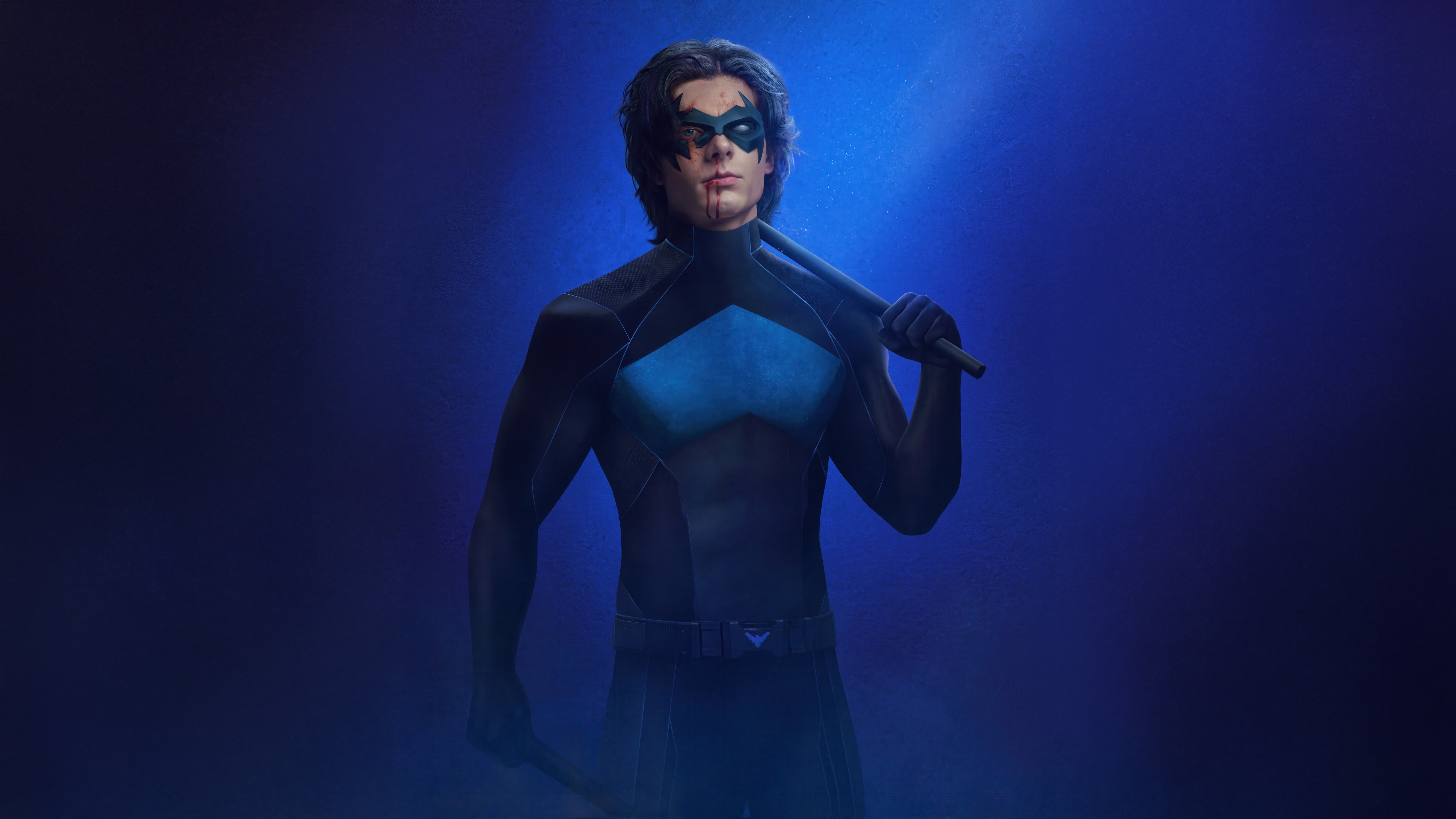 Nightwing holding batons on a blue background HD Wallpaper
